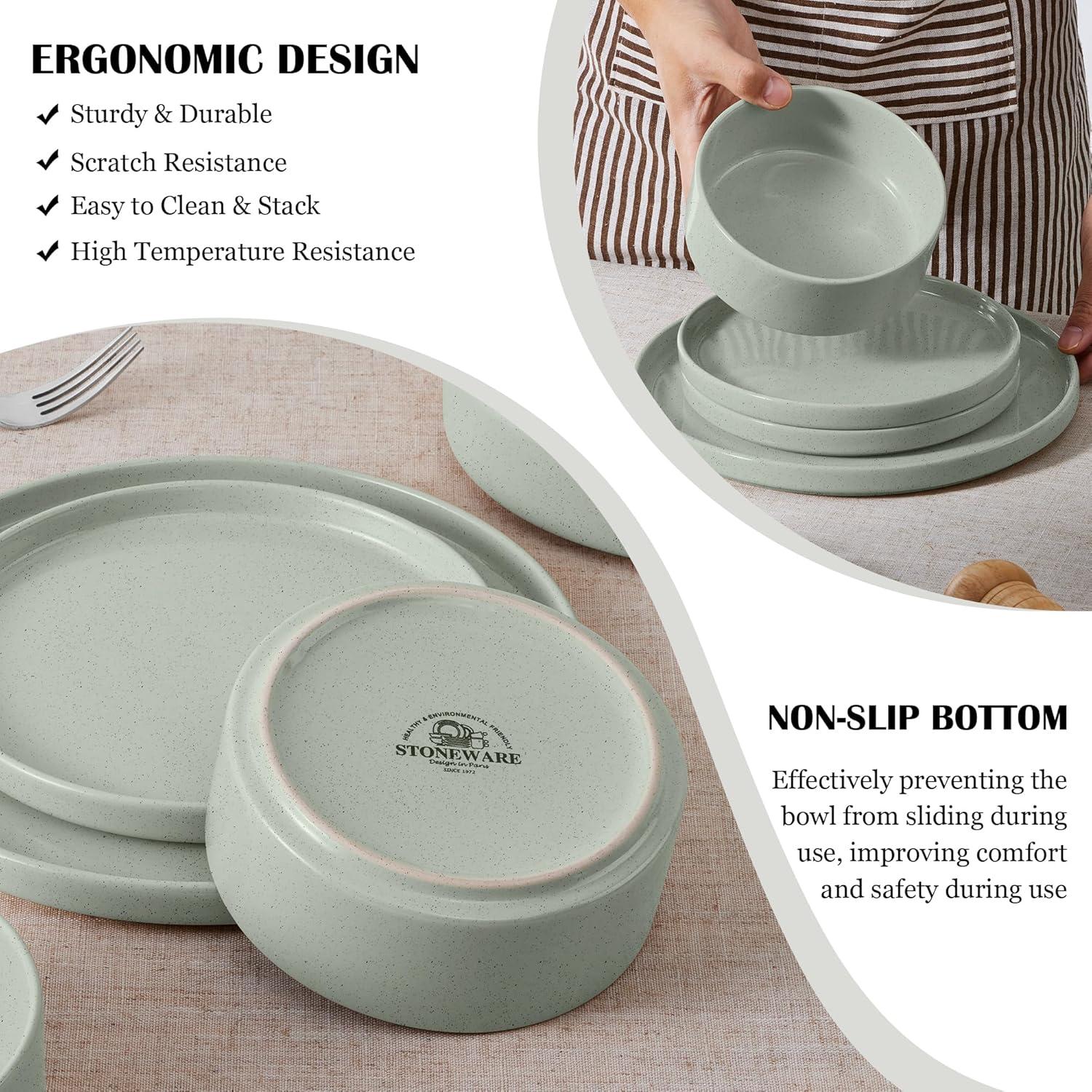 imageEfar Stoneware Dinnerware Sets for 4 12Piece Reactive Glaze Plates and Bowls Sets Kitchen Ceramic Dishes Dinning Ware Microwave amp Dishwasher Safe Deep GrayMist Green