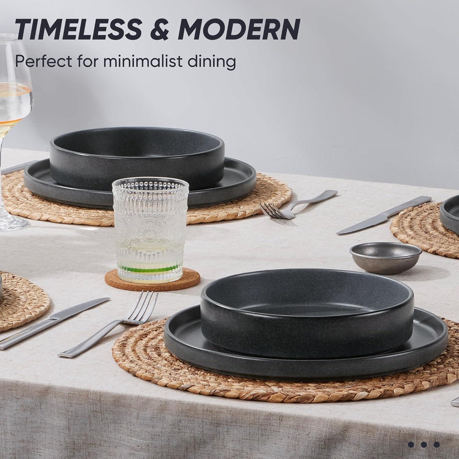 imageEfar Stoneware Dinnerware Sets for 4 12Piece Reactive Glaze Plates and Bowls Sets Kitchen Ceramic Dishes Dinning Ware Microwave amp Dishwasher Safe Deep GrayDeep Gray