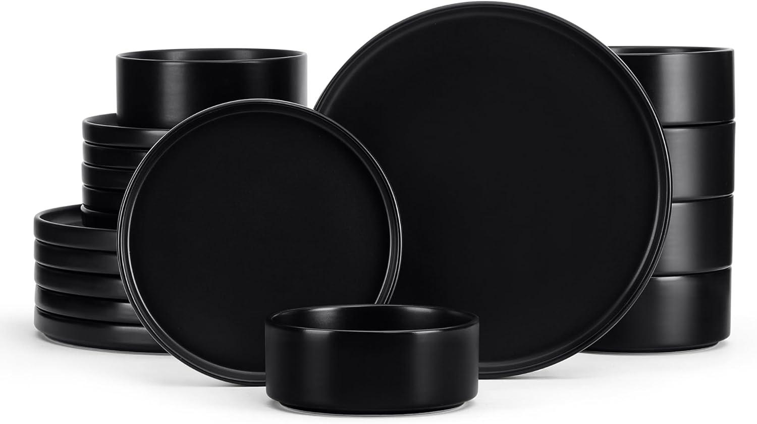 imageEfar Stoneware Dinnerware Sets for 4 12Piece Reactive Glaze Plates and Bowls Sets Kitchen Ceramic Dishes Dinning Ware Microwave amp Dishwasher Safe Deep GrayMatte Black