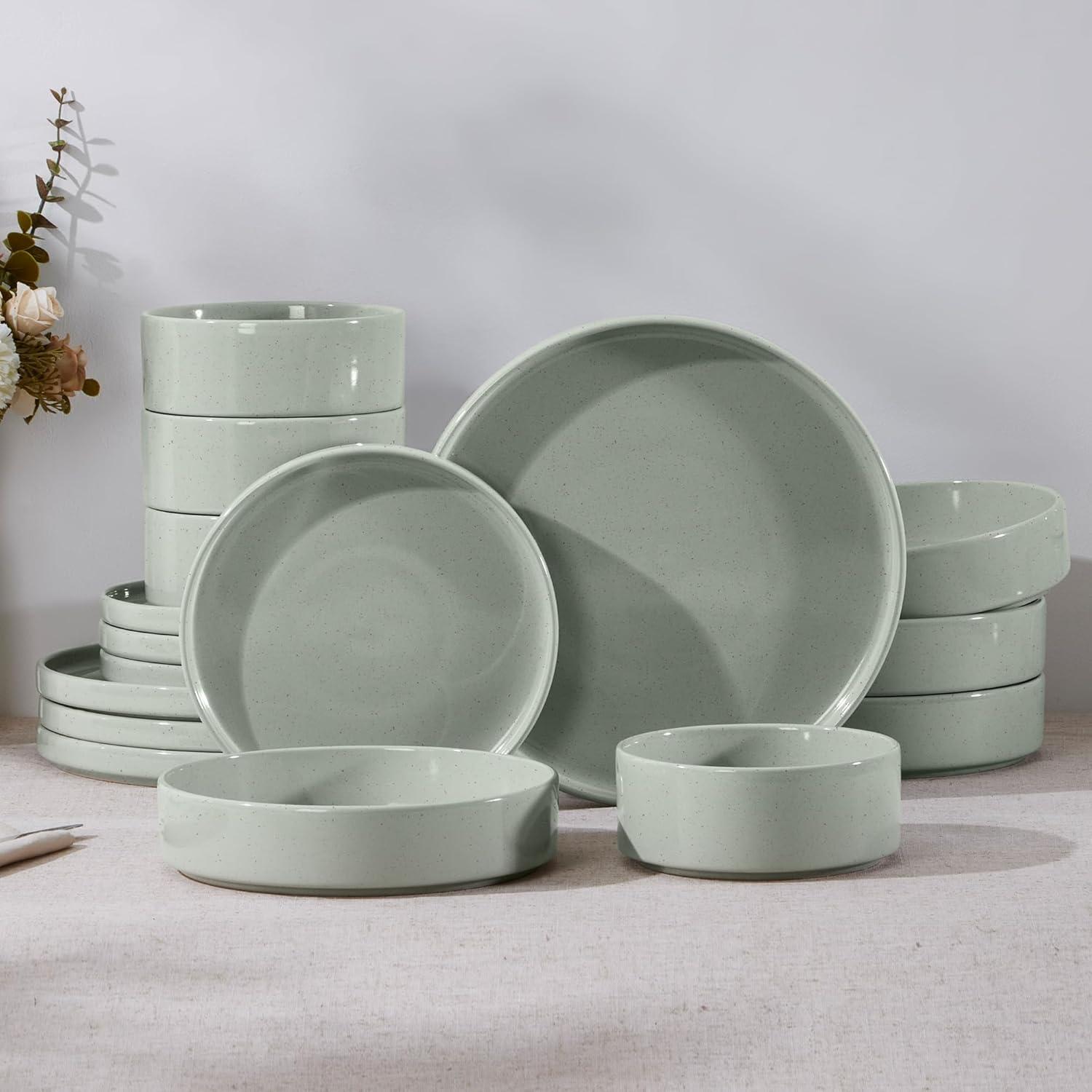 imageEfar Stoneware Dinnerware Sets for 4 12Piece Reactive Glaze Plates and Bowls Sets Kitchen Ceramic Dishes Dinning Ware Microwave amp Dishwasher Safe Deep GrayMist Green