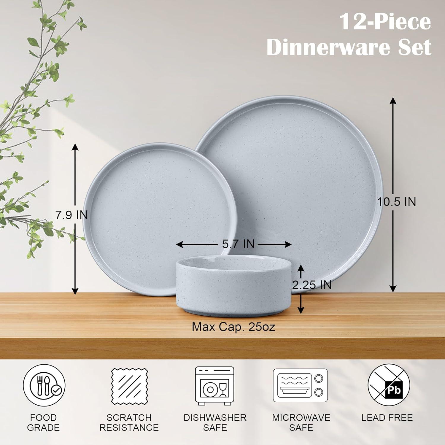 imageEfar Stoneware Dinnerware Sets for 4 12Piece Reactive Glaze Plates and Bowls Sets Kitchen Ceramic Dishes Dinning Ware Microwave amp Dishwasher Safe Deep GrayHaze Gray