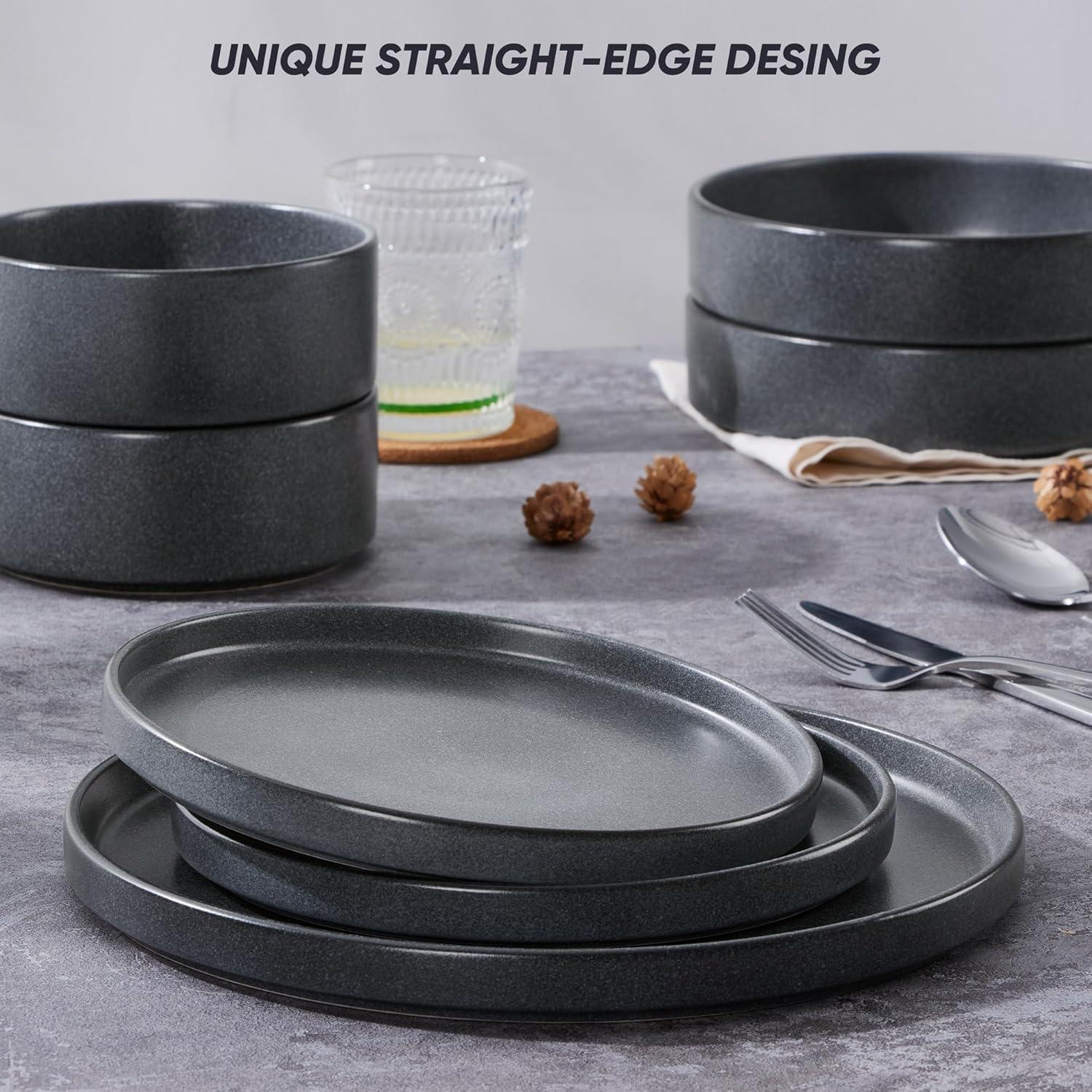 imageEfar Stoneware Dinnerware Sets for 4 12Piece Reactive Glaze Plates and Bowls Sets Kitchen Ceramic Dishes Dinning Ware Microwave amp Dishwasher Safe Deep GrayDeep Gray
