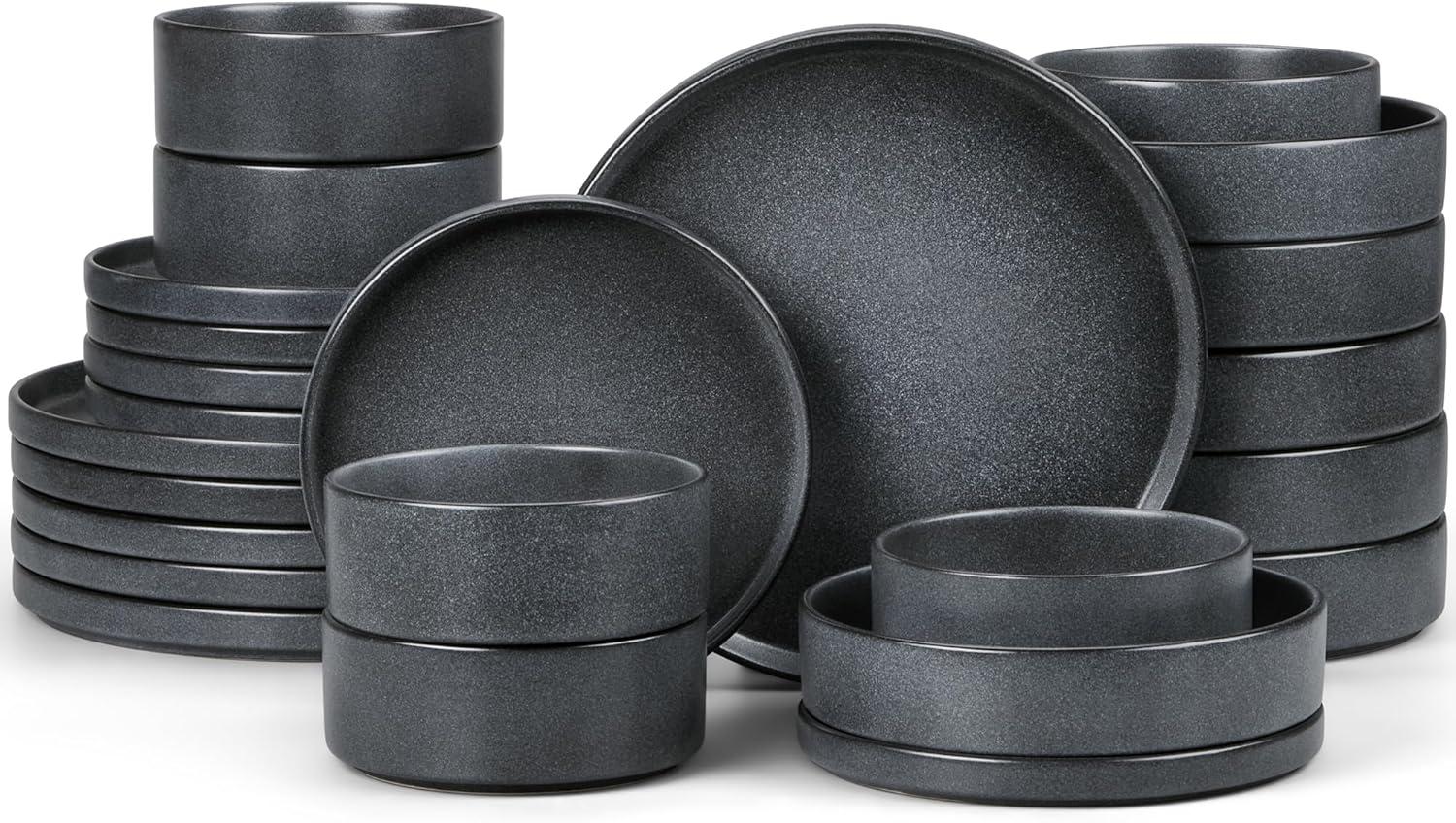 imageEfar Stoneware Dinnerware Sets for 4 12Piece Reactive Glaze Plates and Bowls Sets Kitchen Ceramic Dishes Dinning Ware Microwave amp Dishwasher Safe Deep GrayDeep Gray