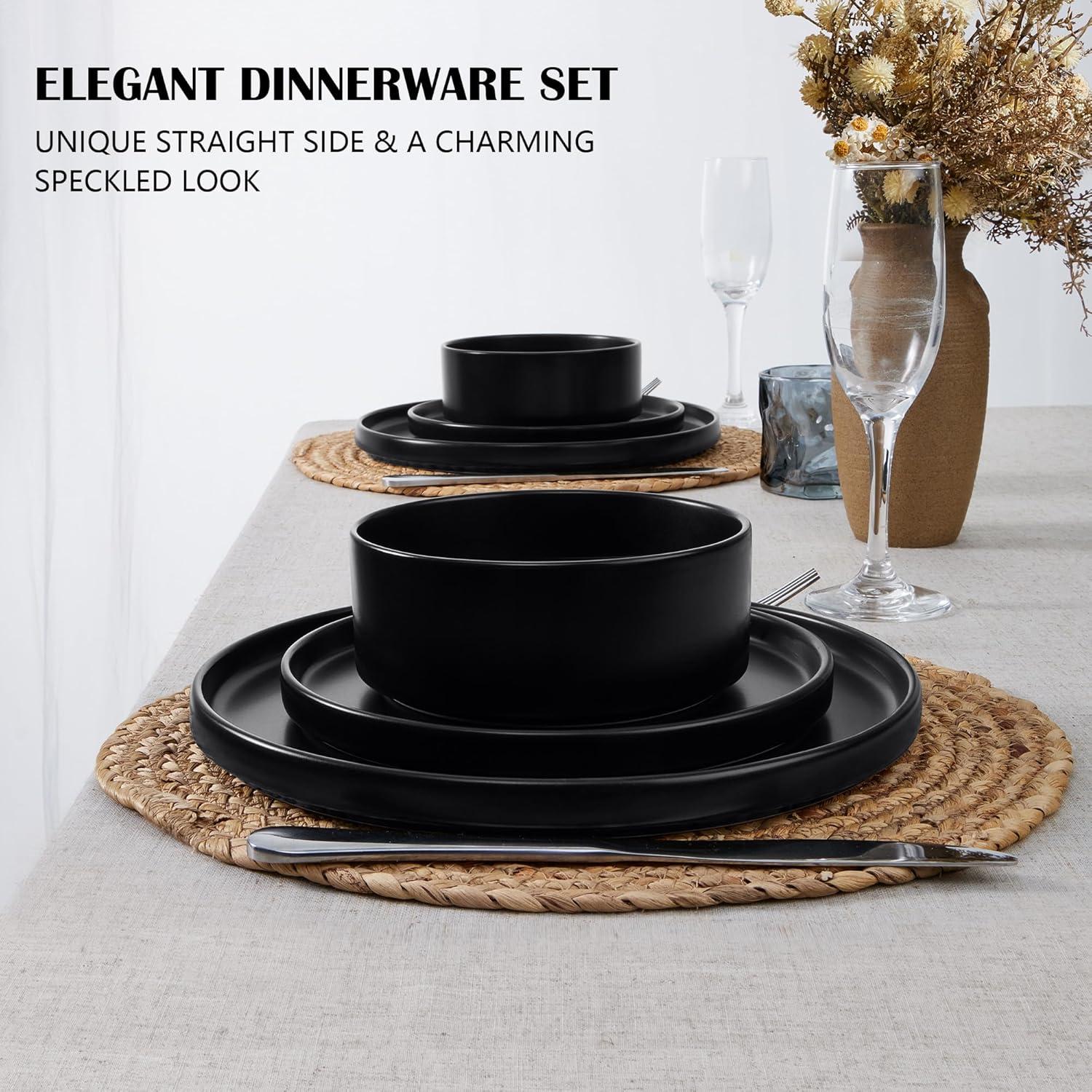 imageEfar Stoneware Dinnerware Sets for 4 12Piece Reactive Glaze Plates and Bowls Sets Kitchen Ceramic Dishes Dinning Ware Microwave amp Dishwasher Safe Deep GrayMatte Black