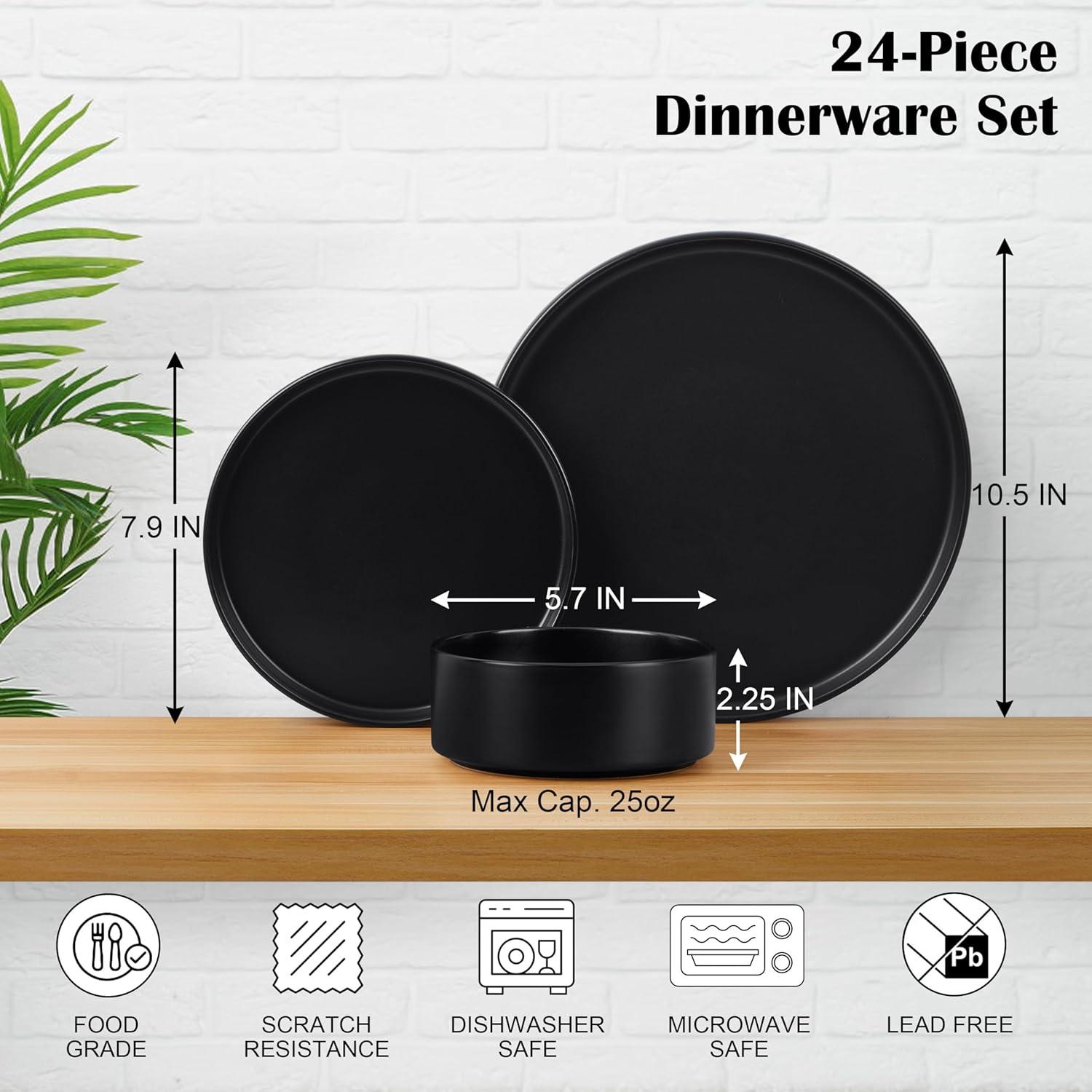 imageEfar Stoneware Dinnerware Sets for 4 12Piece Reactive Glaze Plates and Bowls Sets Kitchen Ceramic Dishes Dinning Ware Microwave amp Dishwasher Safe Deep GrayMatte Black