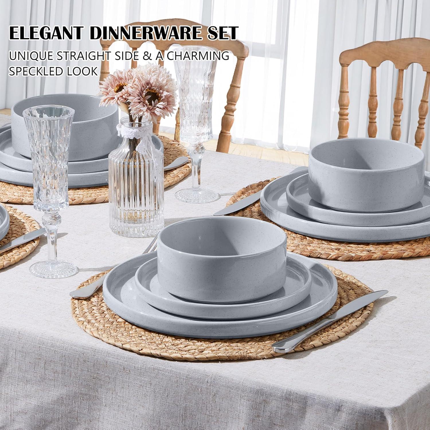 imageEfar Stoneware Dinnerware Sets for 4 12Piece Reactive Glaze Plates and Bowls Sets Kitchen Ceramic Dishes Dinning Ware Microwave amp Dishwasher Safe Deep GrayHaze Gray