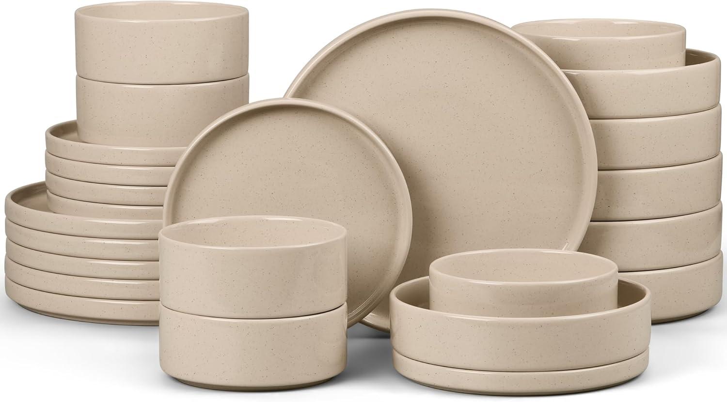 imageEfar Stoneware Dinnerware Sets for 4 12Piece Reactive Glaze Plates and Bowls Sets Kitchen Ceramic Dishes Dinning Ware Microwave amp Dishwasher Safe Deep GrayBright Khaki