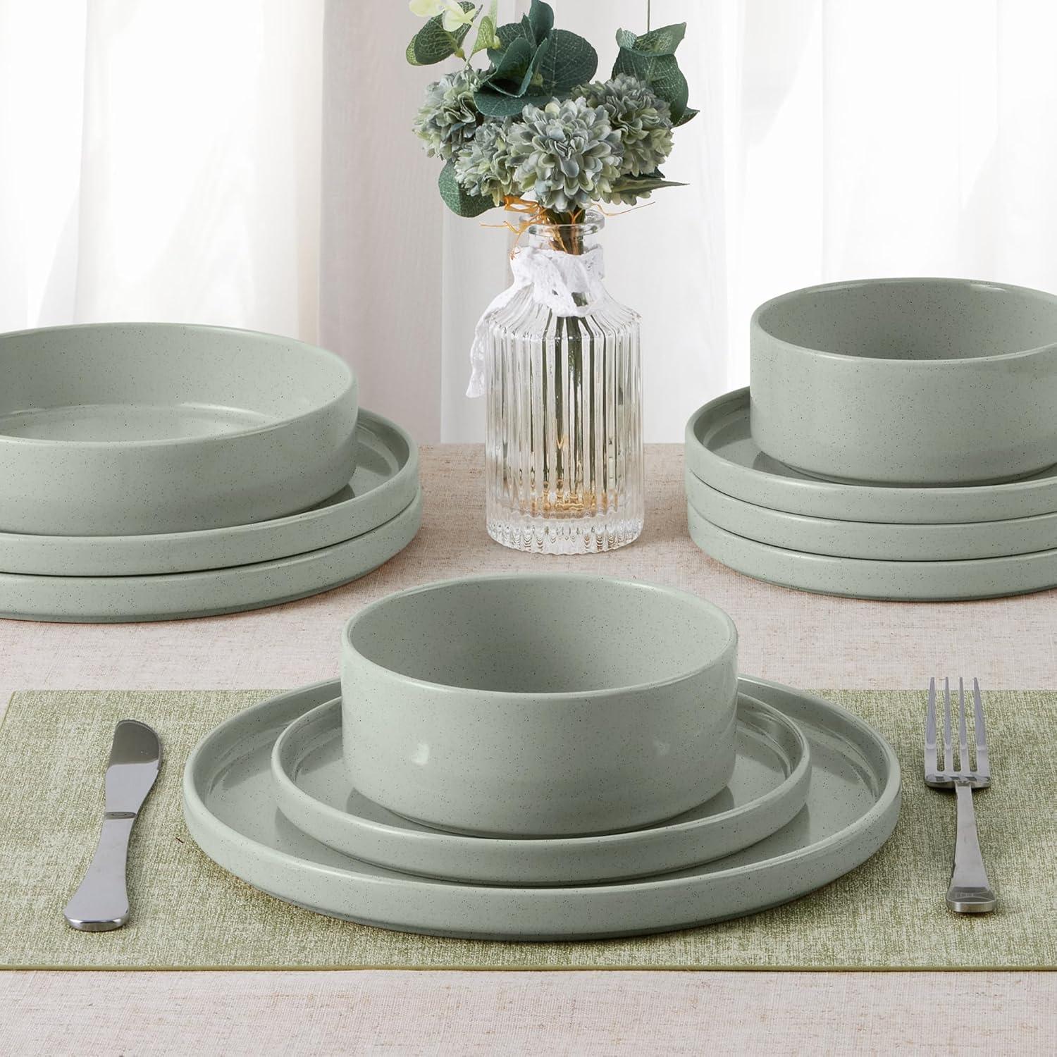 imageEfar Stoneware Dinnerware Sets for 4 12Piece Reactive Glaze Plates and Bowls Sets Kitchen Ceramic Dishes Dinning Ware Microwave amp Dishwasher Safe Deep GrayMist Green
