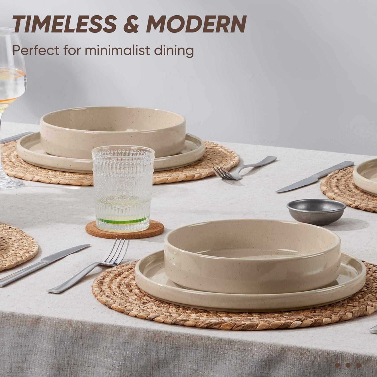 imageEfar Stoneware Dinnerware Sets for 4 12Piece Reactive Glaze Plates and Bowls Sets Kitchen Ceramic Dishes Dinning Ware Microwave amp Dishwasher Safe Deep GrayBright Khaki