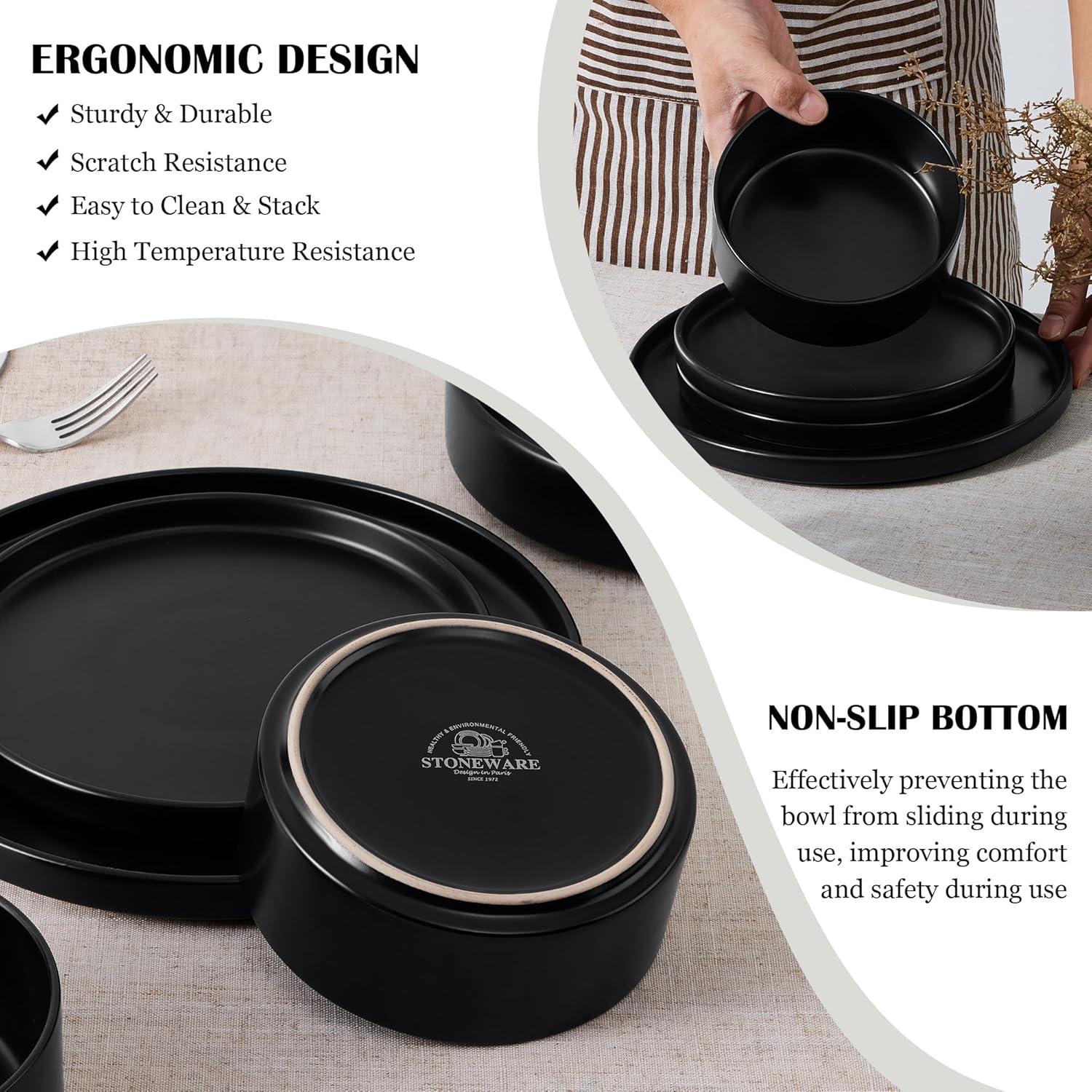 imageEfar Stoneware Dinnerware Sets for 4 12Piece Reactive Glaze Plates and Bowls Sets Kitchen Ceramic Dishes Dinning Ware Microwave amp Dishwasher Safe Deep GrayMatte Black