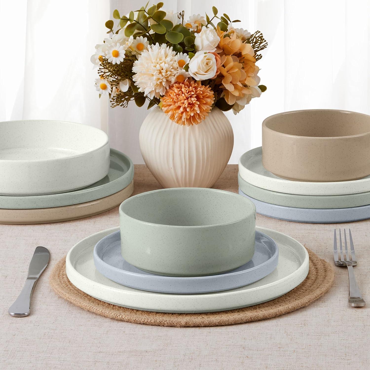 imageEfar Stoneware Dinnerware Sets for 4 12Piece Reactive Glaze Plates and Bowls Sets Kitchen Ceramic Dishes Dinning Ware Microwave amp Dishwasher Safe Deep GrayMulticolor