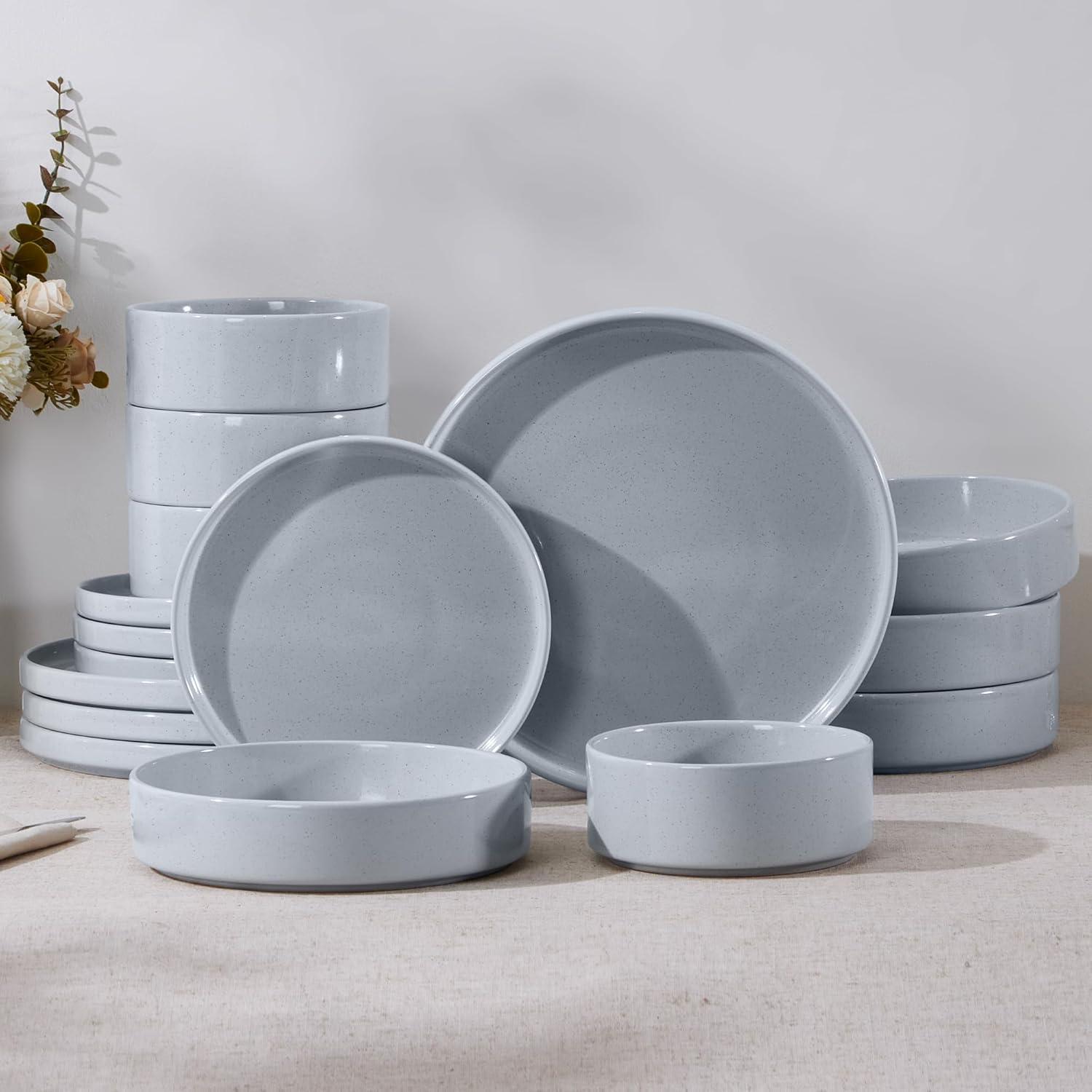 imageEfar Stoneware Dinnerware Sets for 4 12Piece Reactive Glaze Plates and Bowls Sets Kitchen Ceramic Dishes Dinning Ware Microwave amp Dishwasher Safe Deep GrayHaze Gray