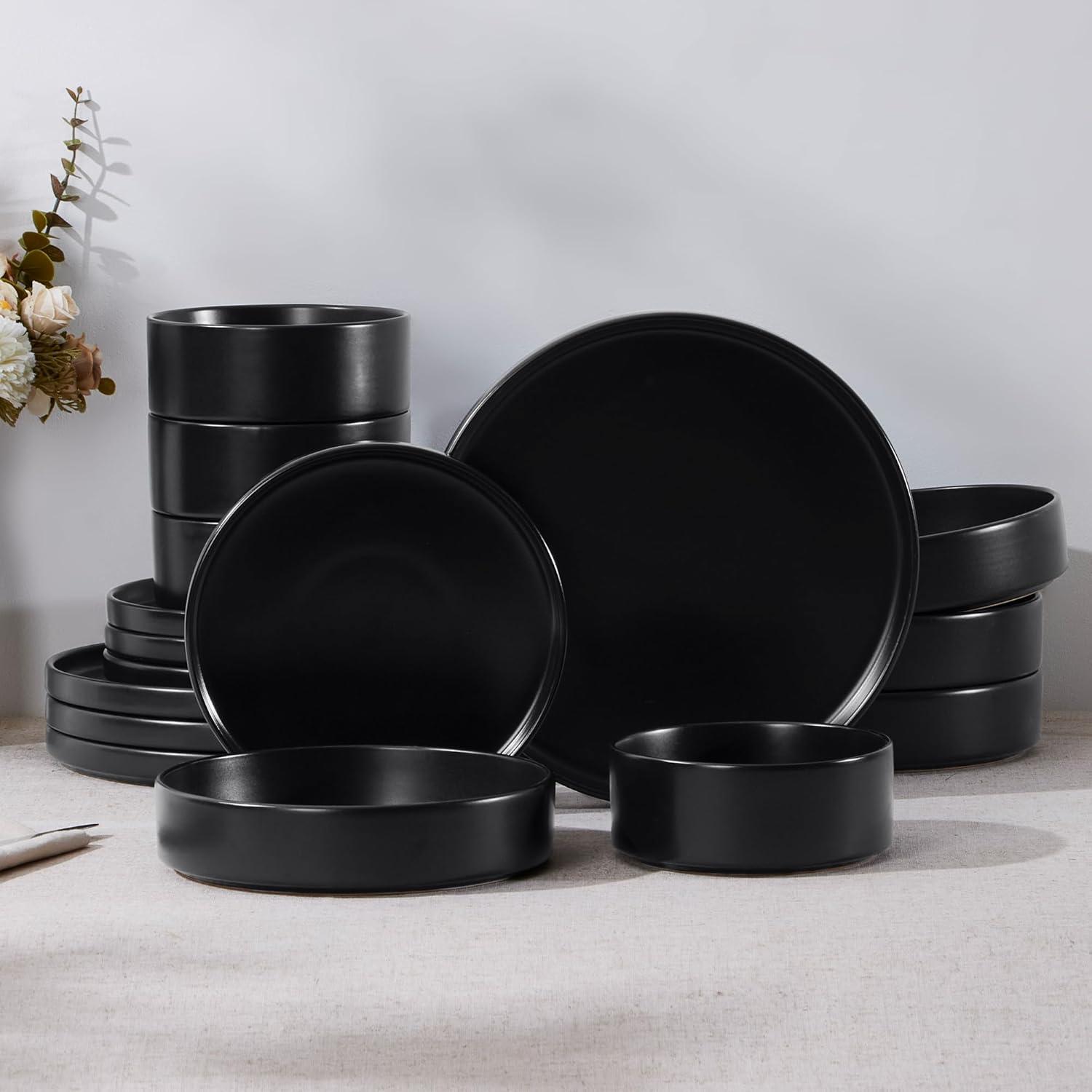 imageEfar Stoneware Dinnerware Sets for 4 12Piece Reactive Glaze Plates and Bowls Sets Kitchen Ceramic Dishes Dinning Ware Microwave amp Dishwasher Safe Deep GrayMatte Black