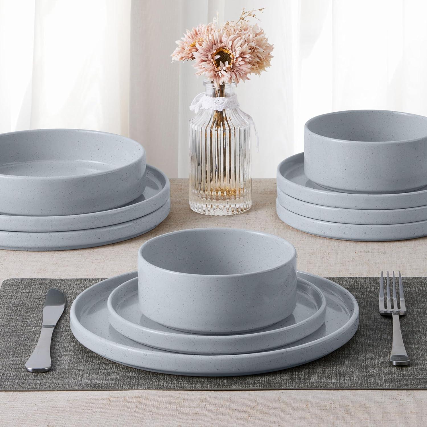 imageEfar Stoneware Dinnerware Sets for 4 12Piece Reactive Glaze Plates and Bowls Sets Kitchen Ceramic Dishes Dinning Ware Microwave amp Dishwasher Safe Deep GrayHaze Gray