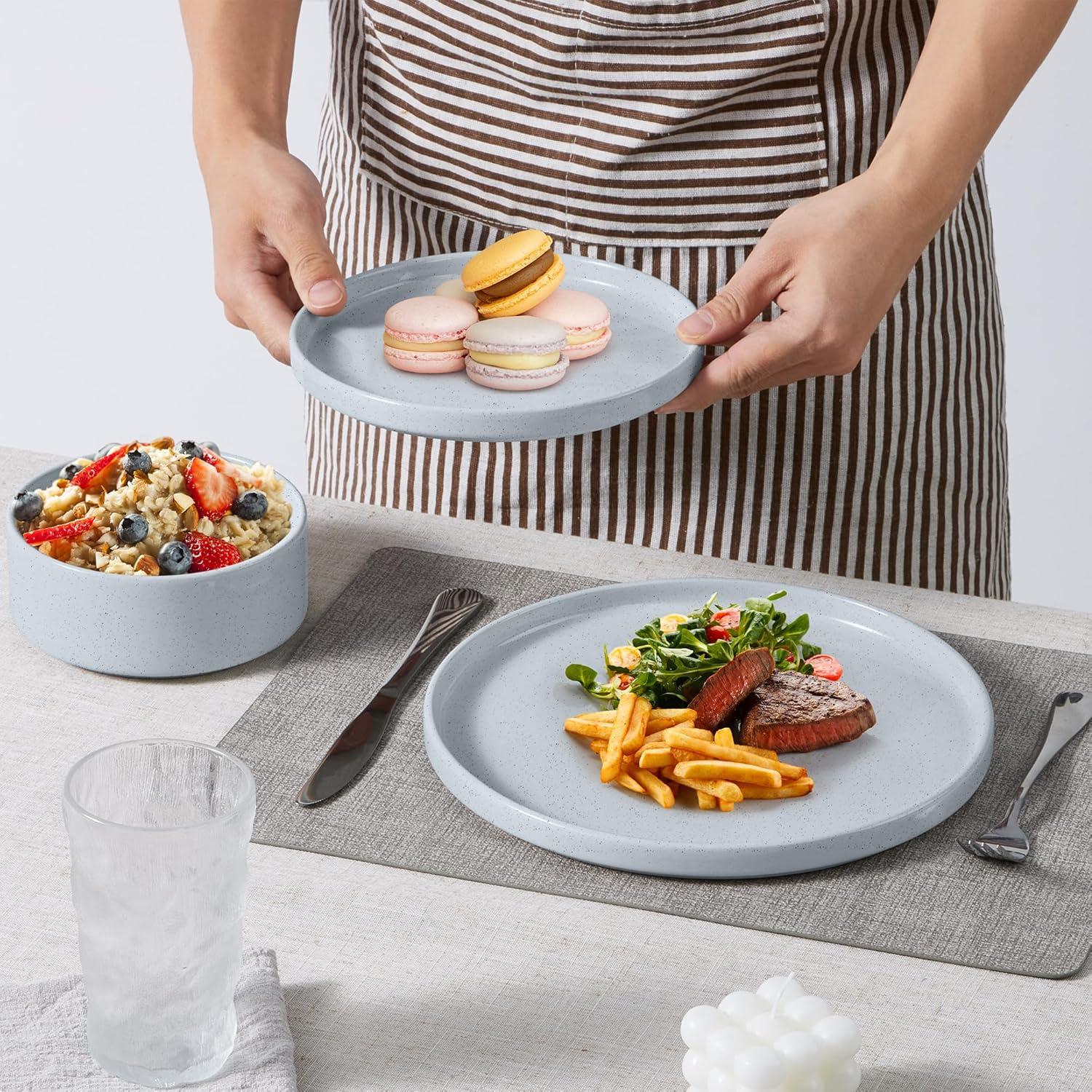 imageEfar Stoneware Dinnerware Sets for 4 12Piece Reactive Glaze Plates and Bowls Sets Kitchen Ceramic Dishes Dinning Ware Microwave amp Dishwasher Safe Deep GrayHaze Gray