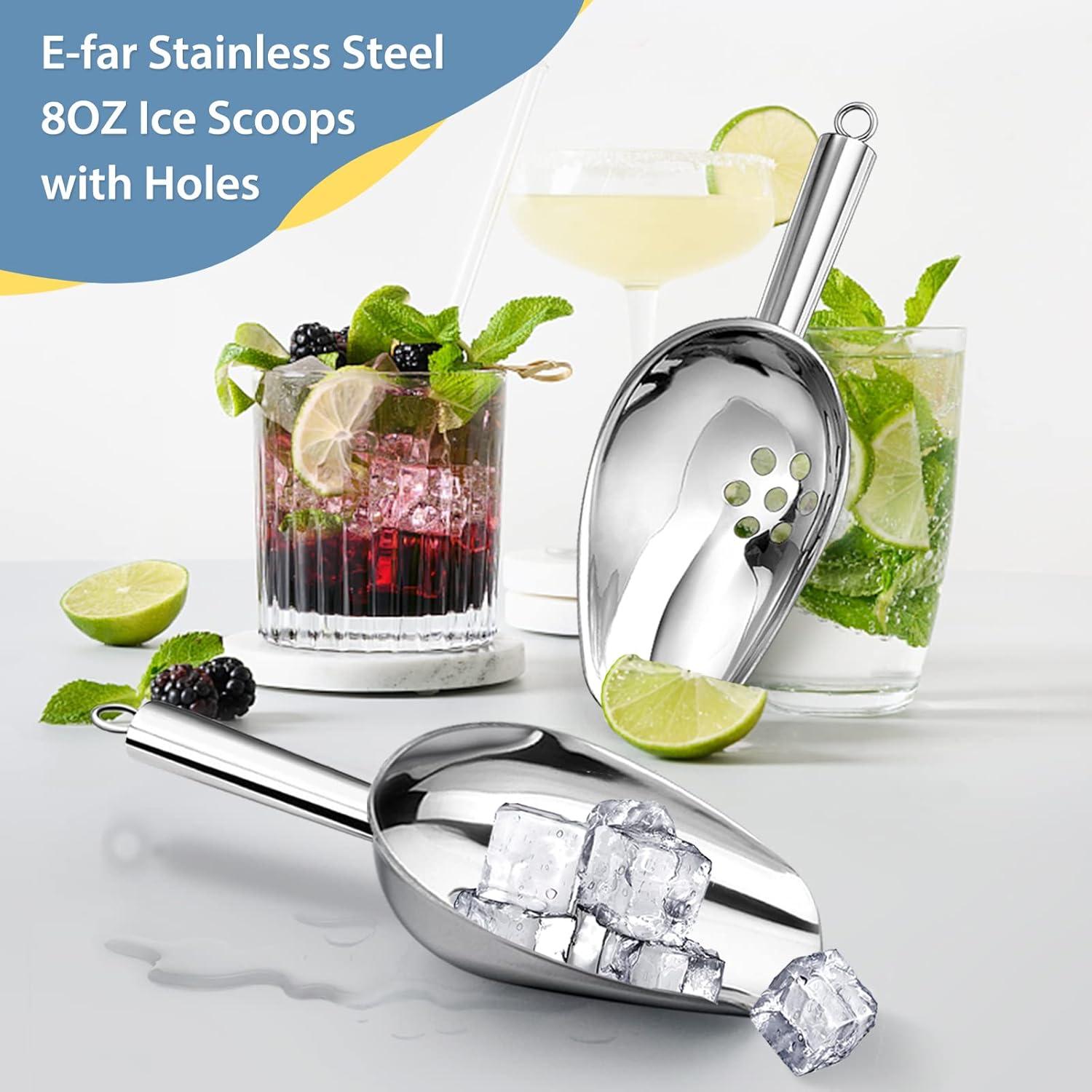 imageIce Scoops with Holes Efar 6 Ounce Stainless Steel Scoops with Drain Holes to Reduce Unwanted Dilution Metal Scoop for Ice MakerFreezerBar Rust Free amp Dishwasher Safe2 Pack8 Ounce