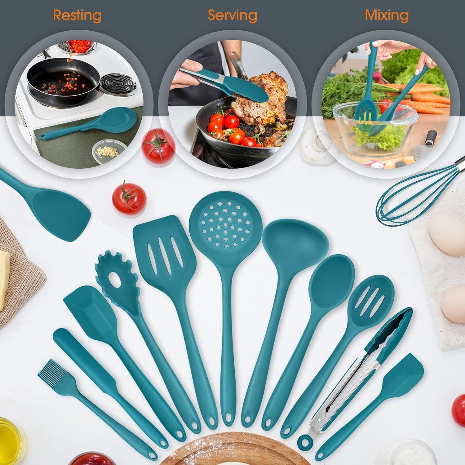imageTeal Blue Kitchen Utensils Set Efar 15Piece Silicone Cooking Utensils with Holder Nonstick Cookware Friendly amp Heat Resistant Includes Ladle Spatula Spoon Slotted Turner for Cooking amp BakingTeal Blue