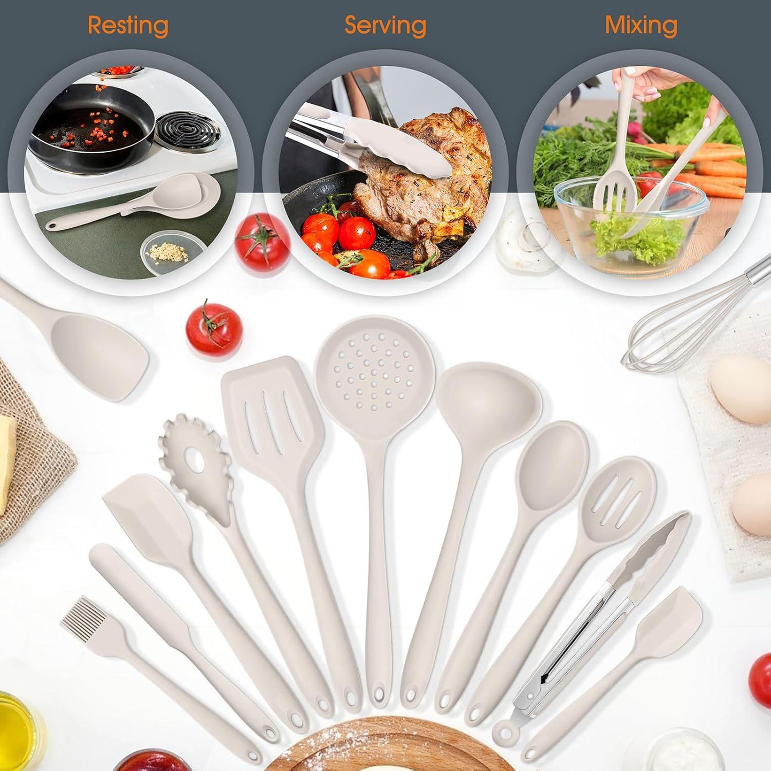 imageTeal Blue Kitchen Utensils Set Efar 15Piece Silicone Cooking Utensils with Holder Nonstick Cookware Friendly amp Heat Resistant Includes Ladle Spatula Spoon Slotted Turner for Cooking amp BakingKhaki