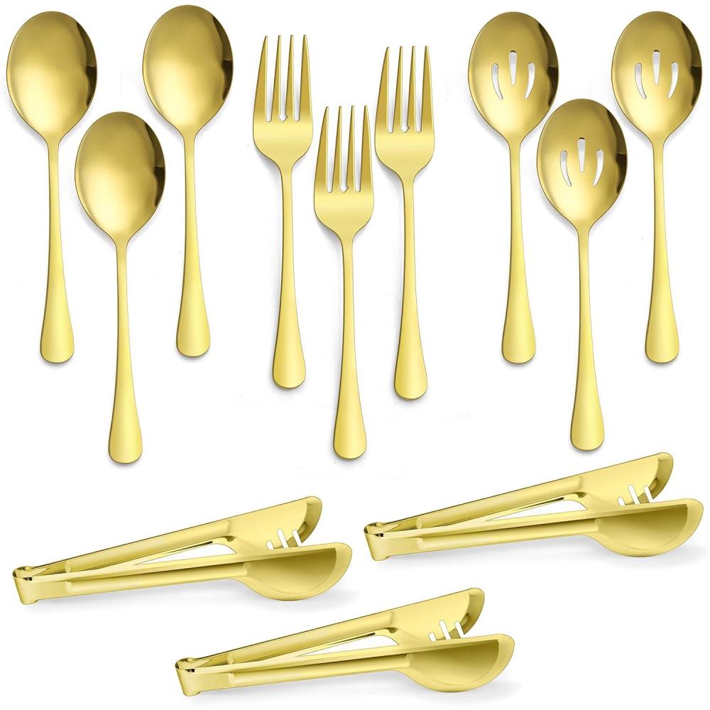 image12Piece Large Serving Utensils Set Efar Stainless Steel 98 Inch Serving Slotted Spoons 99 Inch Fork 94 Inch Tong for Buffet Catering Banquet Mirror Finish amp Dishwasher SafeGold12