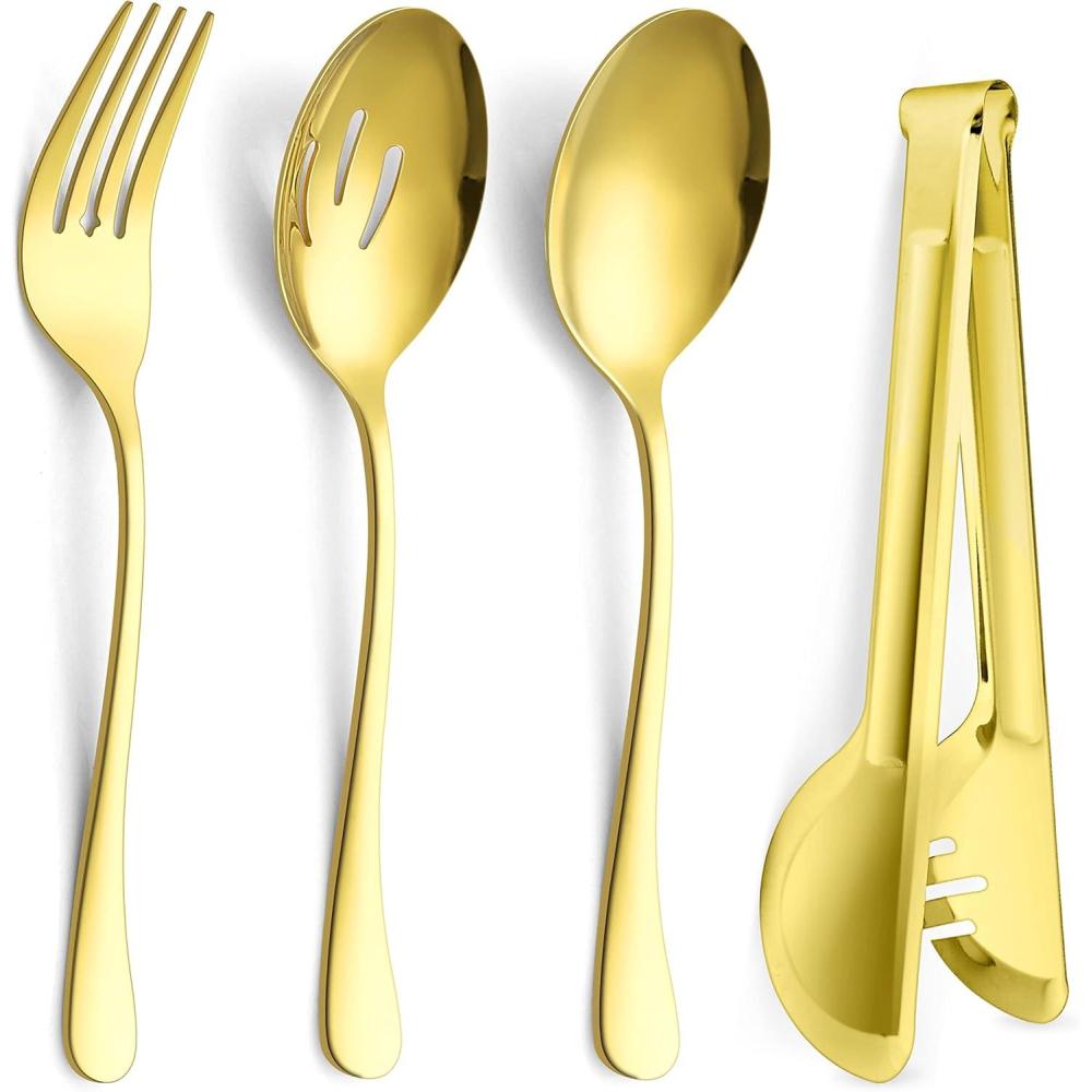 image12Piece Large Serving Utensils Set Efar Stainless Steel 98 Inch Serving Slotted Spoons 99 Inch Fork 94 Inch Tong for Buffet Catering Banquet Mirror Finish amp Dishwasher SafeGold8