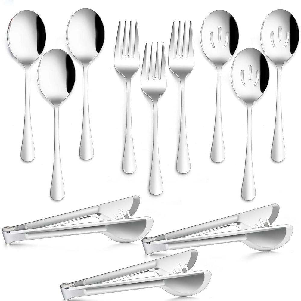 image12Piece Large Serving Utensils Set Efar Stainless Steel 98 Inch Serving Slotted Spoons 99 Inch Fork 94 Inch Tong for Buffet Catering Banquet Mirror Finish amp Dishwasher SafeSilver12