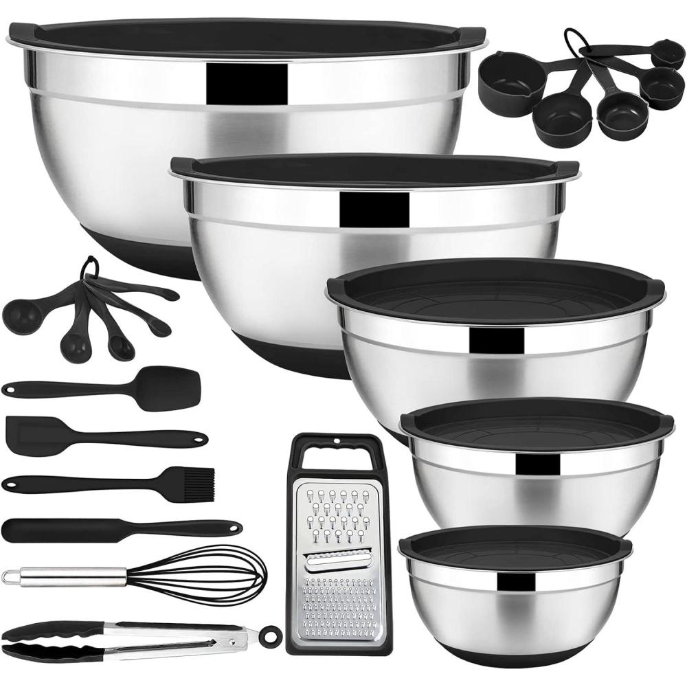 image22Piece Mixing Bowls with Teal Blue Lids amp Accessories Set Efar Stainless Steel Nesting Bowls with Covers amp NonSlip Bottoms Metal Bowls for CookingBakingServingStorage Size 73525151 QTBlack