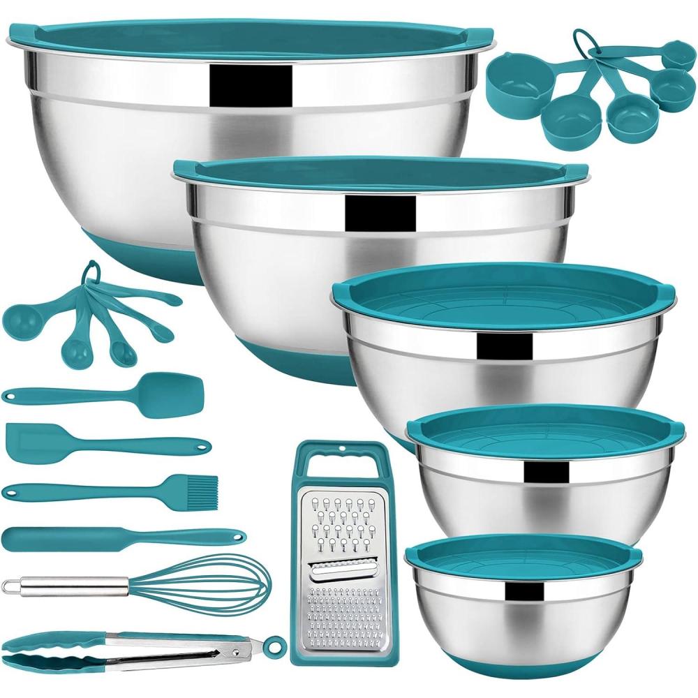 image22Piece Mixing Bowls with Teal Blue Lids amp Accessories Set Efar Stainless Steel Nesting Bowls with Covers amp NonSlip Bottoms Metal Bowls for CookingBakingServingStorage Size 73525151 QTTeal Blue
