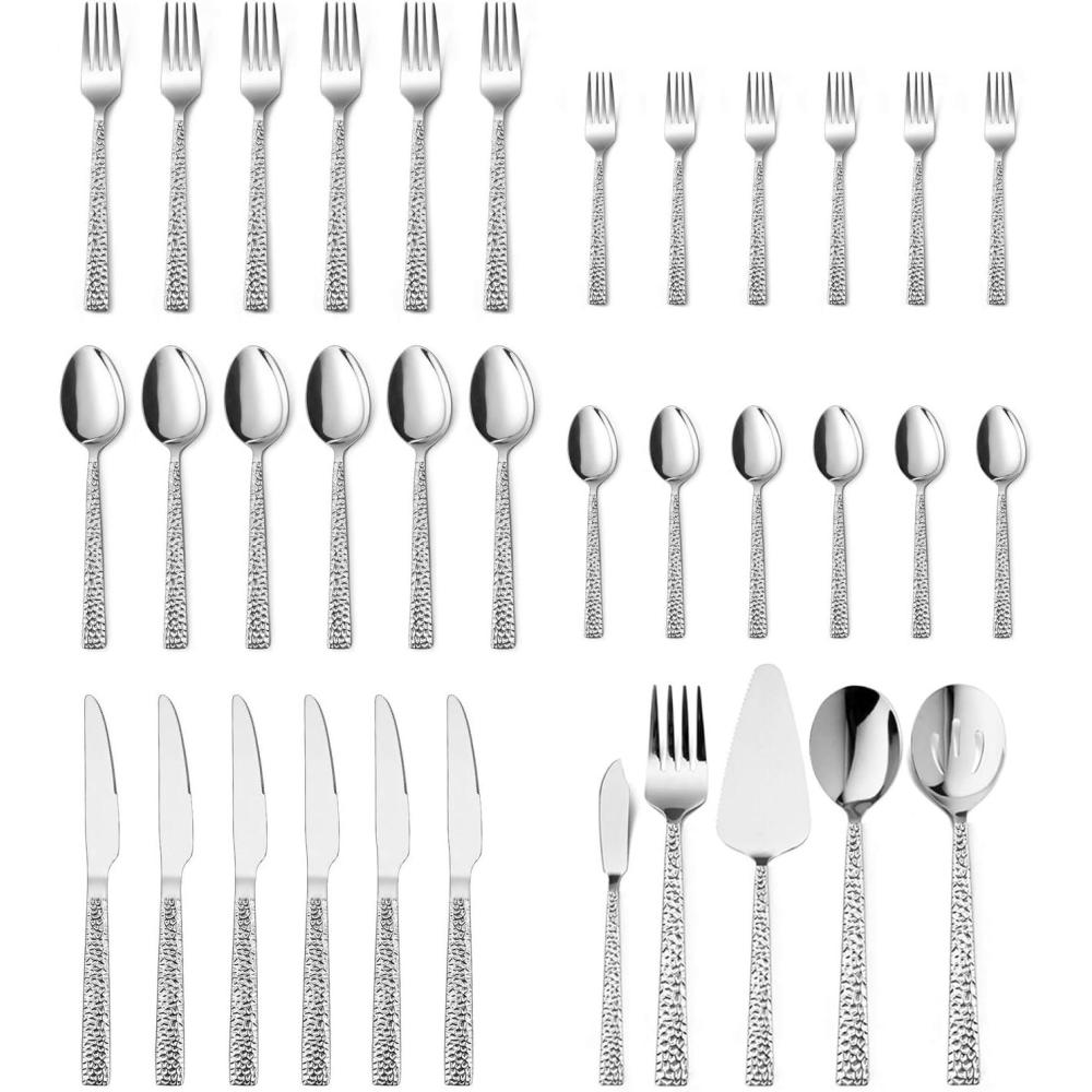 image65Piece Silverware Set with Serving Pieces Efar Stainless Steel Hammered Flatware Eating Utensils Service for 12 Modern Tableware Cutlery Set with Square Edge Mirror Polished Dishwasher Safe35Piece