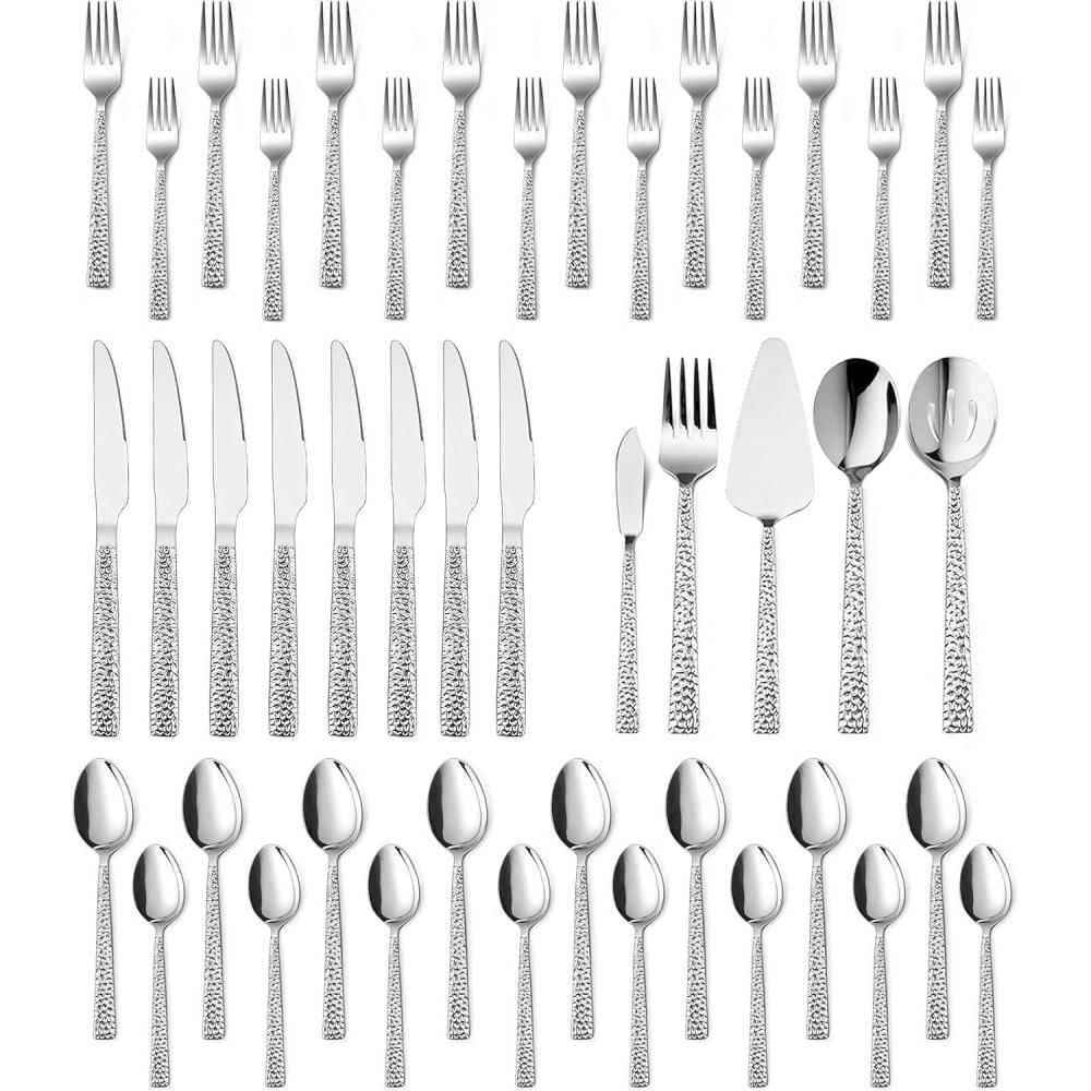 image65Piece Silverware Set with Serving Pieces Efar Stainless Steel Hammered Flatware Eating Utensils Service for 12 Modern Tableware Cutlery Set with Square Edge Mirror Polished Dishwasher Safe45Piece