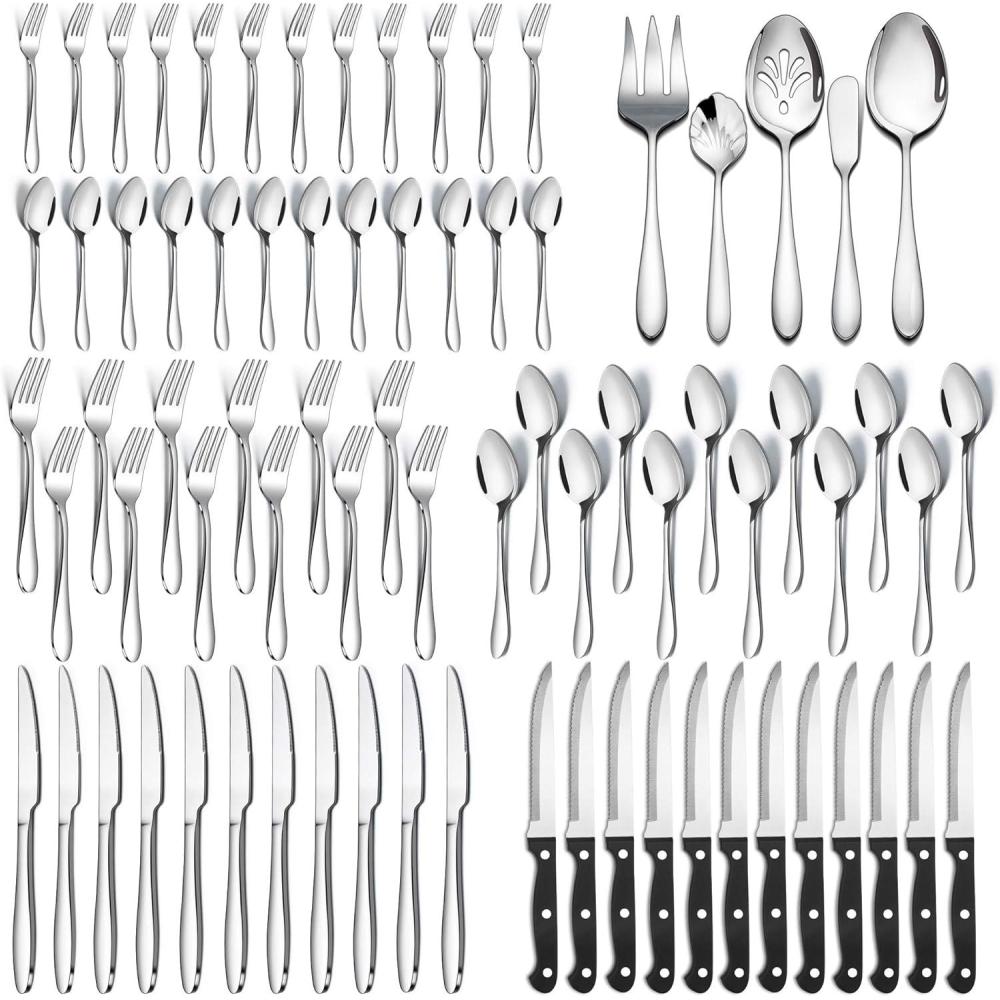 image77Piece Silverware Set with Steak Knives Serving Utensils Efar Stainless Steel Flatware Cutlery Set for 12 Modern Tableware Eating Utensils for Restaurant Kitchen Mirror Polished Dishwasher Safe77Piece
