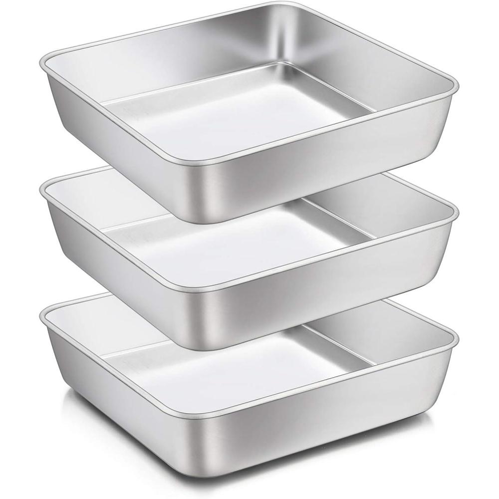 image8 x 8Inch Baking Pan Efar Square Cake Brownie Baking Pans Stainless Steel Bakeware Set of 3 Fits in Small Toaster Oven Nontoxic amp Dishwasher Safe3Piece Set