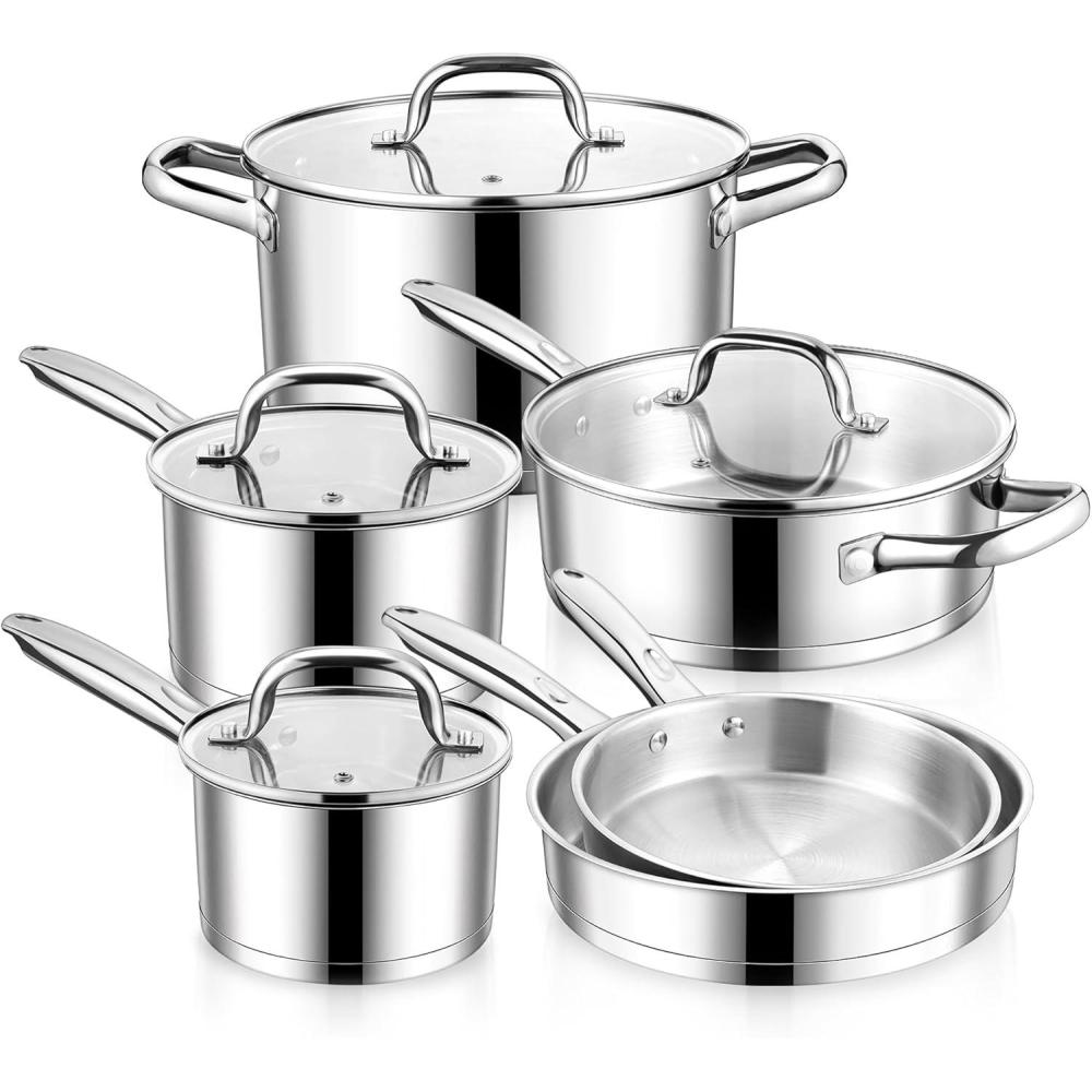 imageEfar 10Piece Stainless Steel Cookware Set Induction Pots and Pans Set with TriPly Base Nontoxic Kitchen Cooking Set wFrying Pan Saucepan Saute Pan Stockpot with Lids Oven amp Dishwasher Safe