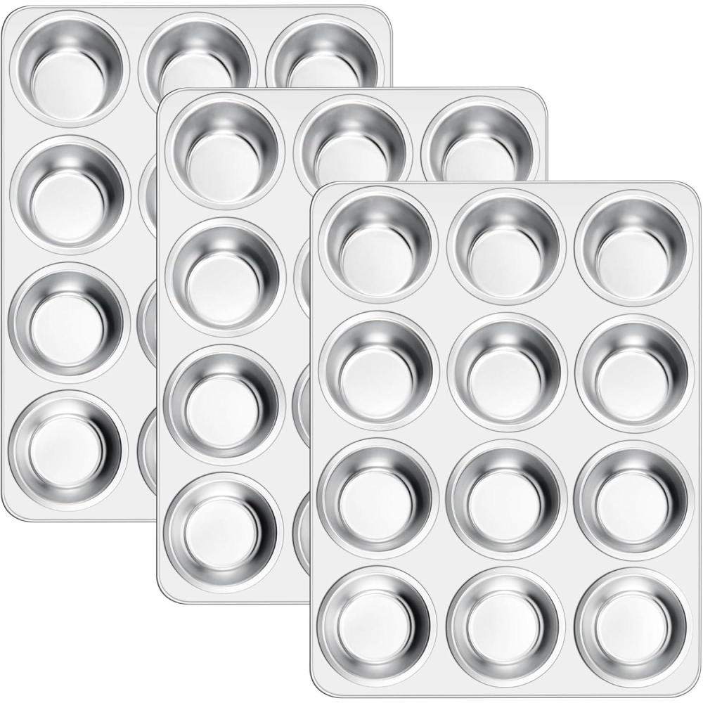 imageEfar 12Cup Muffin Pan Set of 3 Stainless Steel Cupcake Pan Tins NonToxic Metal Cupcake Tray for Baking Small Muffin Cakes Heavy Duty amp Regular Size Rust Free amp Dishwasher Safe