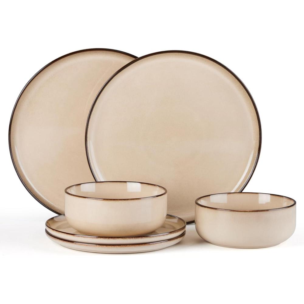 imageEfar 12Piece Reactive Glaze Dinnerware Sets Ceramic Dishes Set for 4 Stoneware Plates and Bowls Dinning Ware Microwave amp Dishwasher Safe Ocean BlueSandy Beige
