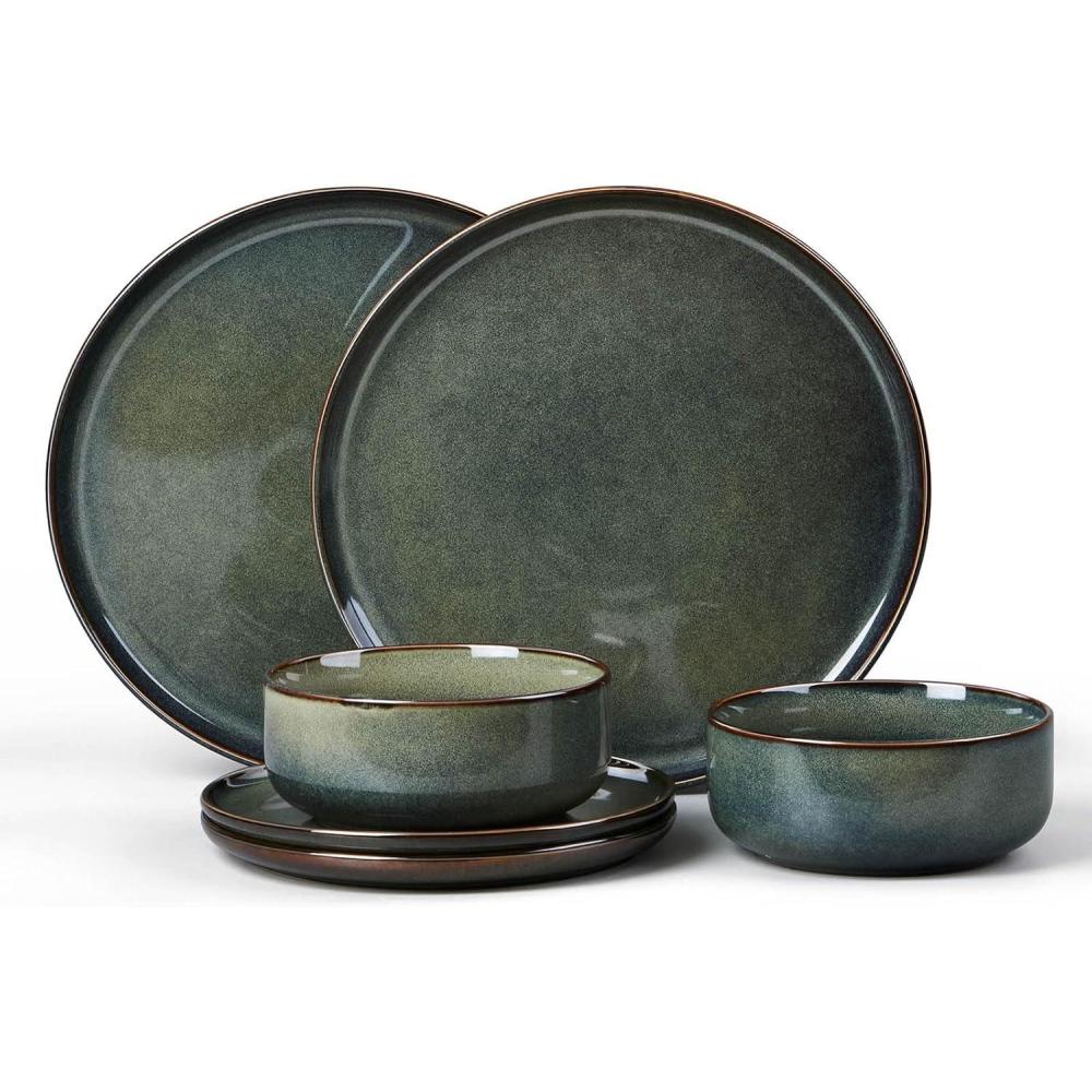 imageEfar 12Piece Reactive Glaze Dinnerware Sets Ceramic Dishes Set for 4 Stoneware Plates and Bowls Dinning Ware Microwave amp Dishwasher Safe Ocean BlueObsidian Green
