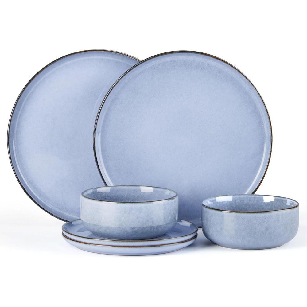 imageEfar 12Piece Reactive Glaze Dinnerware Sets Ceramic Dishes Set for 4 Stoneware Plates and Bowls Dinning Ware Microwave amp Dishwasher Safe Ocean BlueOcean Blue