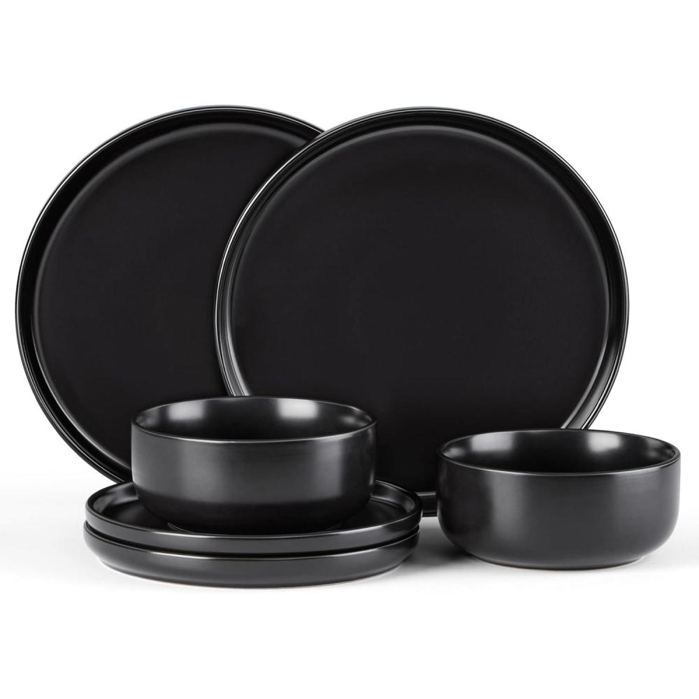 imageEfar 12Piece Reactive Glaze Dinnerware Sets Ceramic Dishes Set for 4 Stoneware Plates and Bowls Dinning Ware Microwave amp Dishwasher Safe Ocean BlueMatte Black