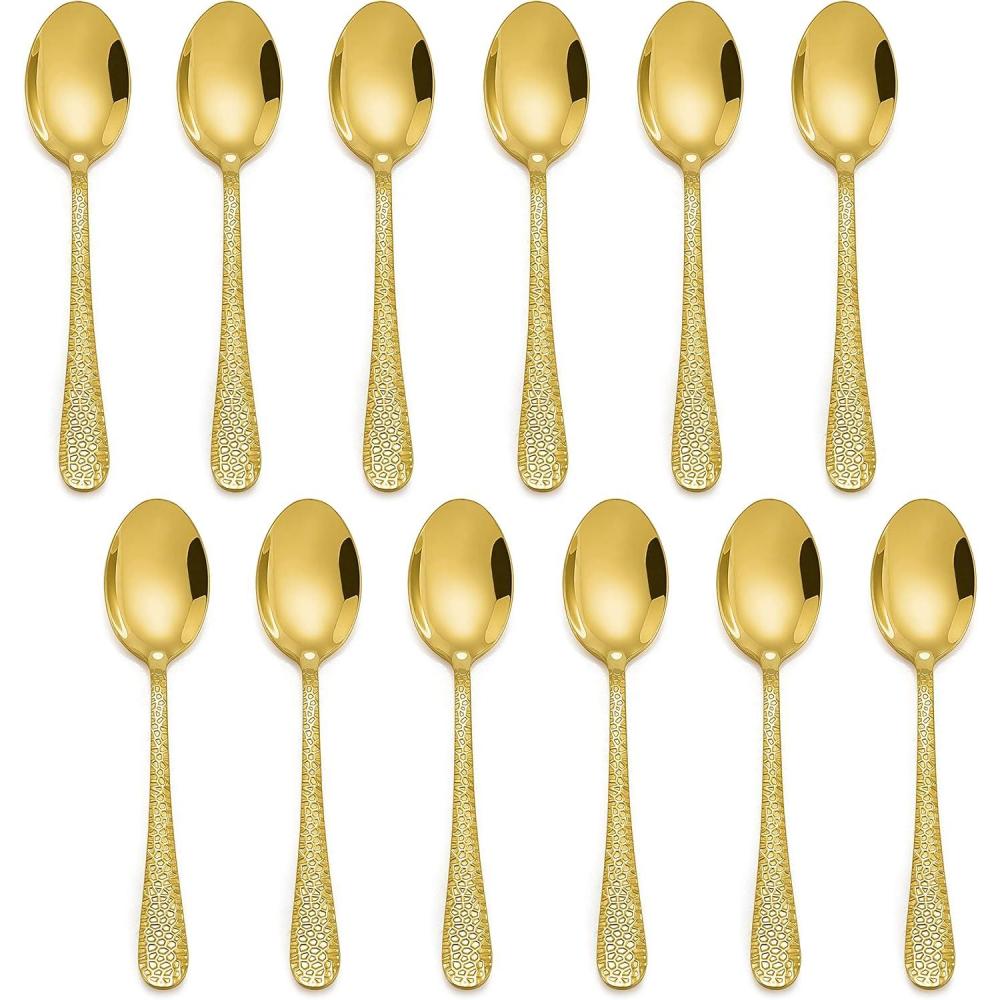 imageEfar 12Piece Small Coffee Spoons 6Inch Stainless Steel Mini Espresso Spoons for CoffeeSugarTea Hammered Design amp Rust Free Dishwasher SafeGold