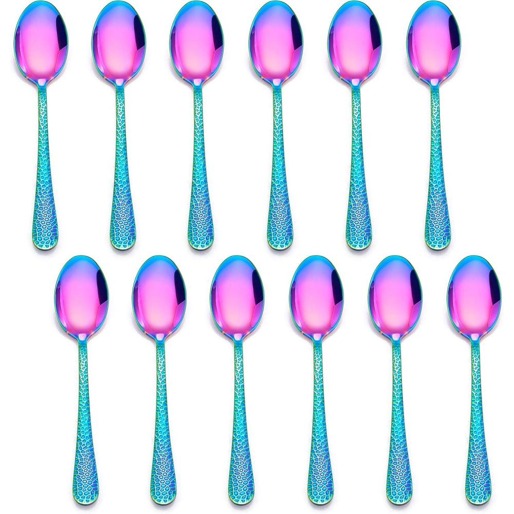 imageEfar 12Piece Small Coffee Spoons 6Inch Stainless Steel Mini Espresso Spoons for CoffeeSugarTea Hammered Design amp Rust Free Dishwasher SafeRainbow