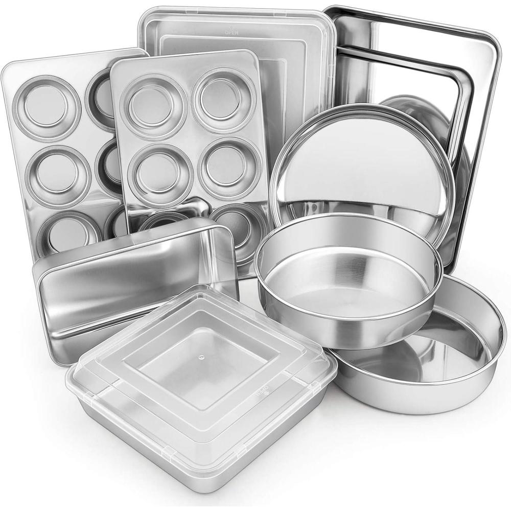 imageEfar 12Piece Stainless Steel Bakeware Sets Metal Baking Pan Set Include Round Cake Pans SquareRectangle Baking Pans with Lids Cookie Sheet LoafMuffinPizza Pan Nontoxic amp Dishwasher Safe