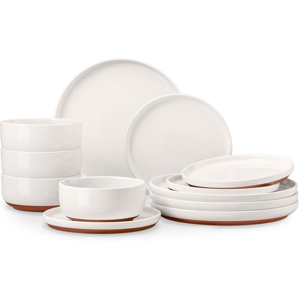 imageEfar 12Piece Stoneware Dinnerware Sets Plates and Bowls Sets for 4 Ceramic Dishware Dishes Set with Terracotta Base Chip amp Scratch Resistant Microwave amp Dishwasher Safe Speckled WhiteWhisper White