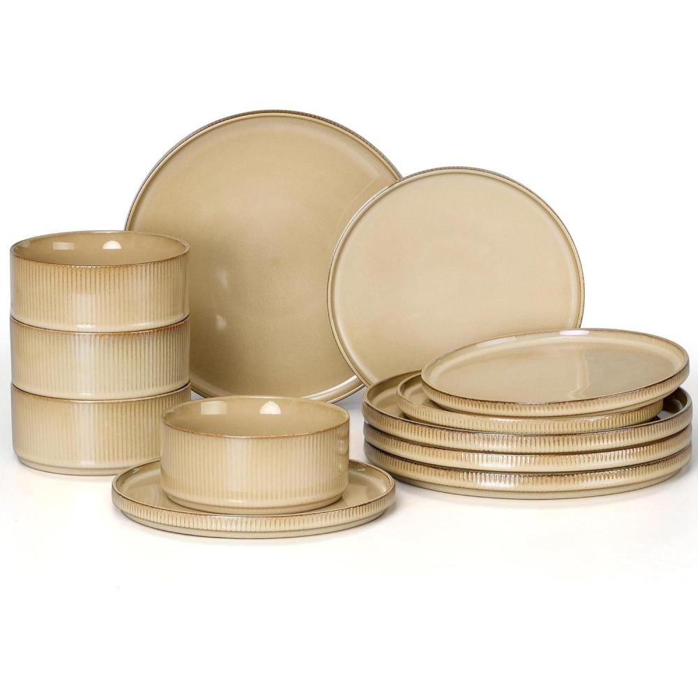 imageEfar 16 Piece Dinnerware Sets Plates and Bowls with Pasta Bowls Service for 4 Modern Stoneware Ribbed Dishes for Kitchen Dining Microwave amp Dishwasher Safe Speckled WhiteCaramel Khaki