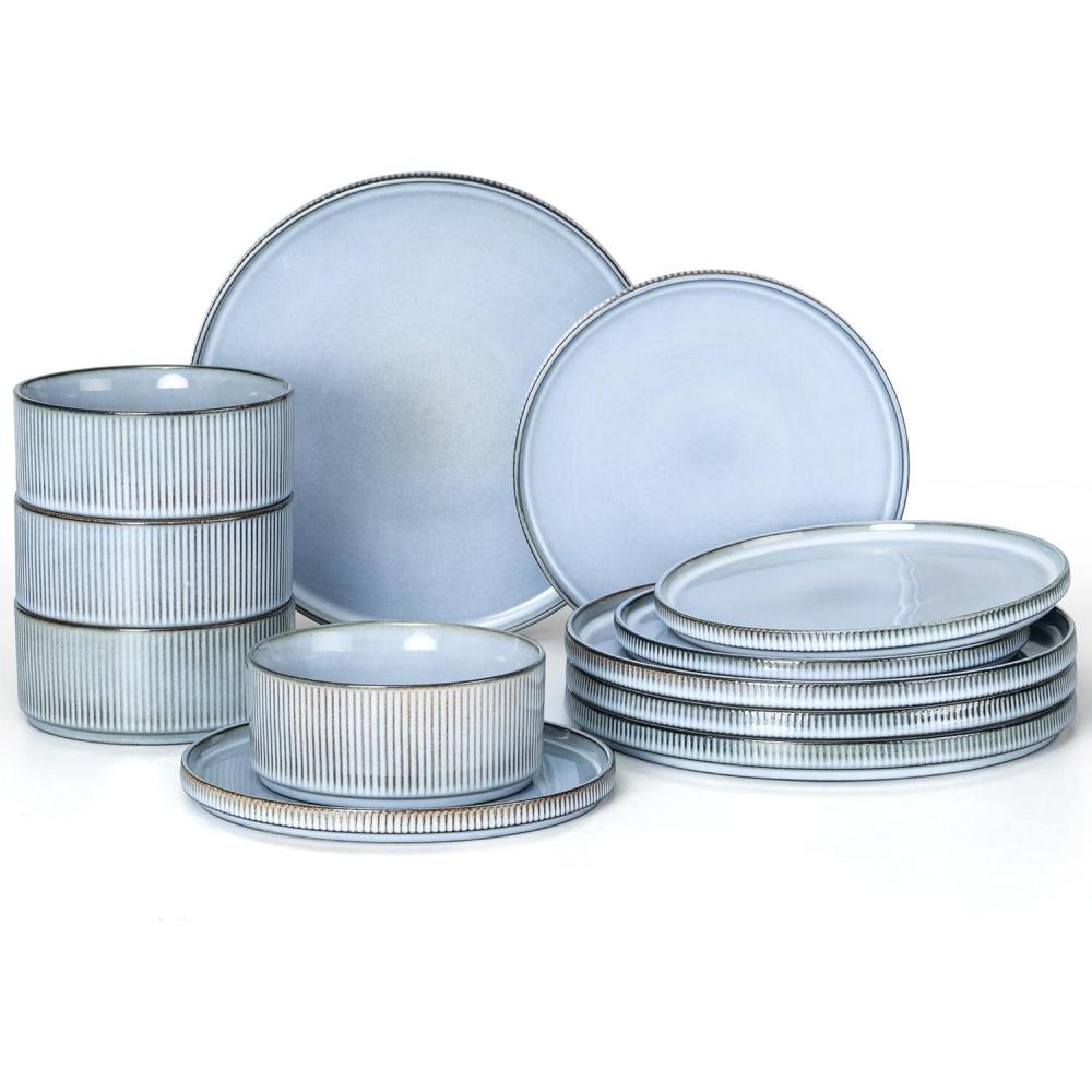 imageEfar 16 Piece Dinnerware Sets Plates and Bowls with Pasta Bowls Service for 4 Modern Stoneware Ribbed Dishes for Kitchen Dining Microwave amp Dishwasher Safe Speckled WhiteDusty Blue