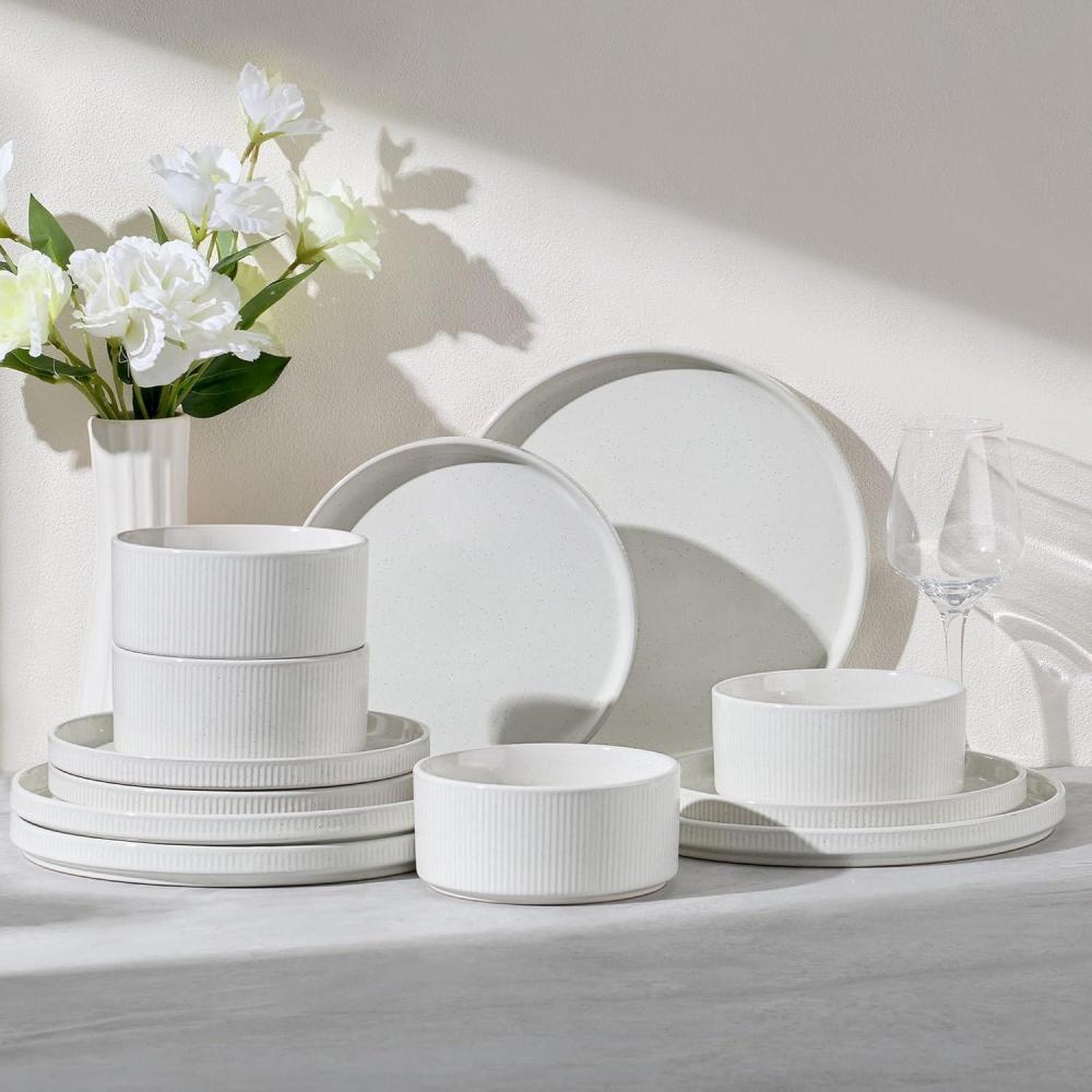 imageEfar 16 Piece Dinnerware Sets Plates and Bowls with Pasta Bowls Service for 4 Modern Stoneware Ribbed Dishes for Kitchen Dining Microwave amp Dishwasher Safe Speckled WhiteSpeckled White