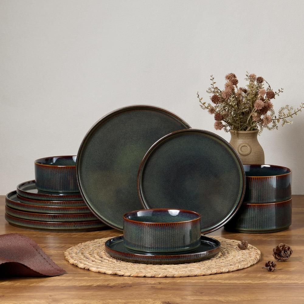 imageEfar 16 Piece Dinnerware Sets Plates and Bowls with Pasta Bowls Service for 4 Modern Stoneware Ribbed Dishes for Kitchen Dining Microwave amp Dishwasher Safe Speckled WhiteBlackish Green