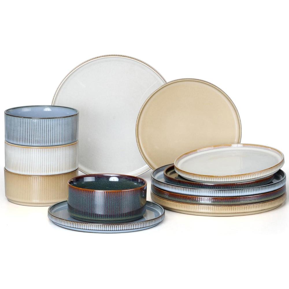 imageEfar 16 Piece Dinnerware Sets Plates and Bowls with Pasta Bowls Service for 4 Modern Stoneware Ribbed Dishes for Kitchen Dining Microwave amp Dishwasher Safe Speckled WhiteMulticolor