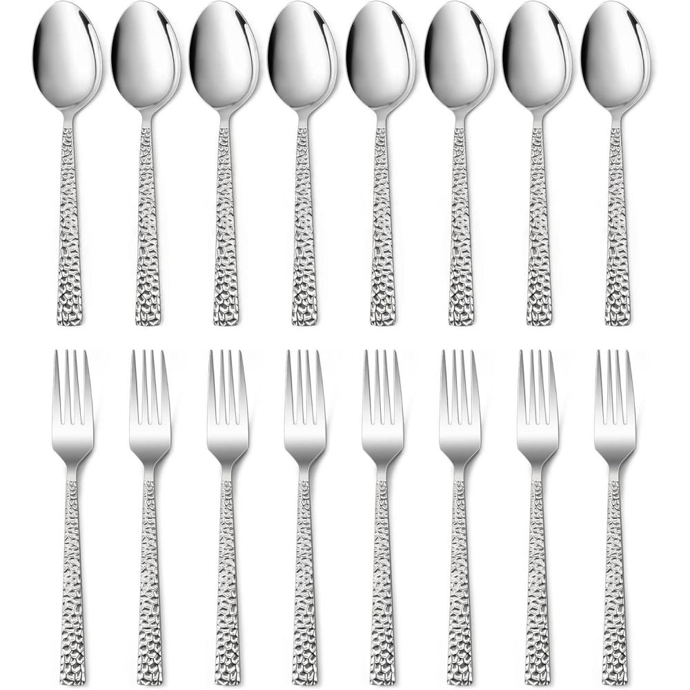 imageEfar 24Piece Hammered Forks and Spoons Silverware Set Stainless Steel Square 12 Dinner Forks and 12 Dinner Spoons Modern Metal Flatware Cutlery for Kitchen and Restaurant Dishwasher Safe79 Inch16