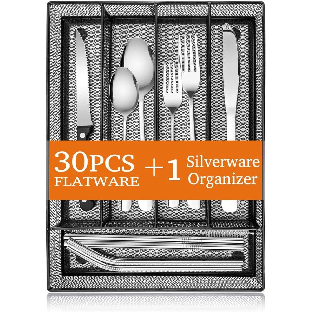 imageEfar 31Piece Silverware Set Stainless Steel Flatware Cutlery Set Service for 4 with Mesh Utensil Drawer Organizer Include ForksSpoonsKnivesSteak KnivesStraws Mirror Polish amp Dishwasher SafeSilver