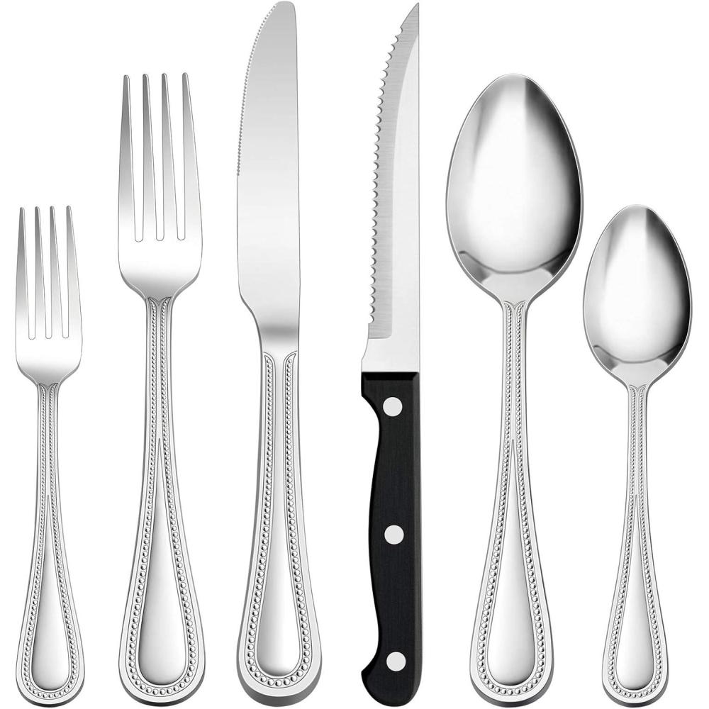 imageEfar 48Piece Silverware Set with Steak Knives Stainless Steel Flatware Cutlery Service for 8 Pearled Edge Tableware Eating Utensils for HomeRestaurantKitchen Mirror Polished Dishwasher Safe