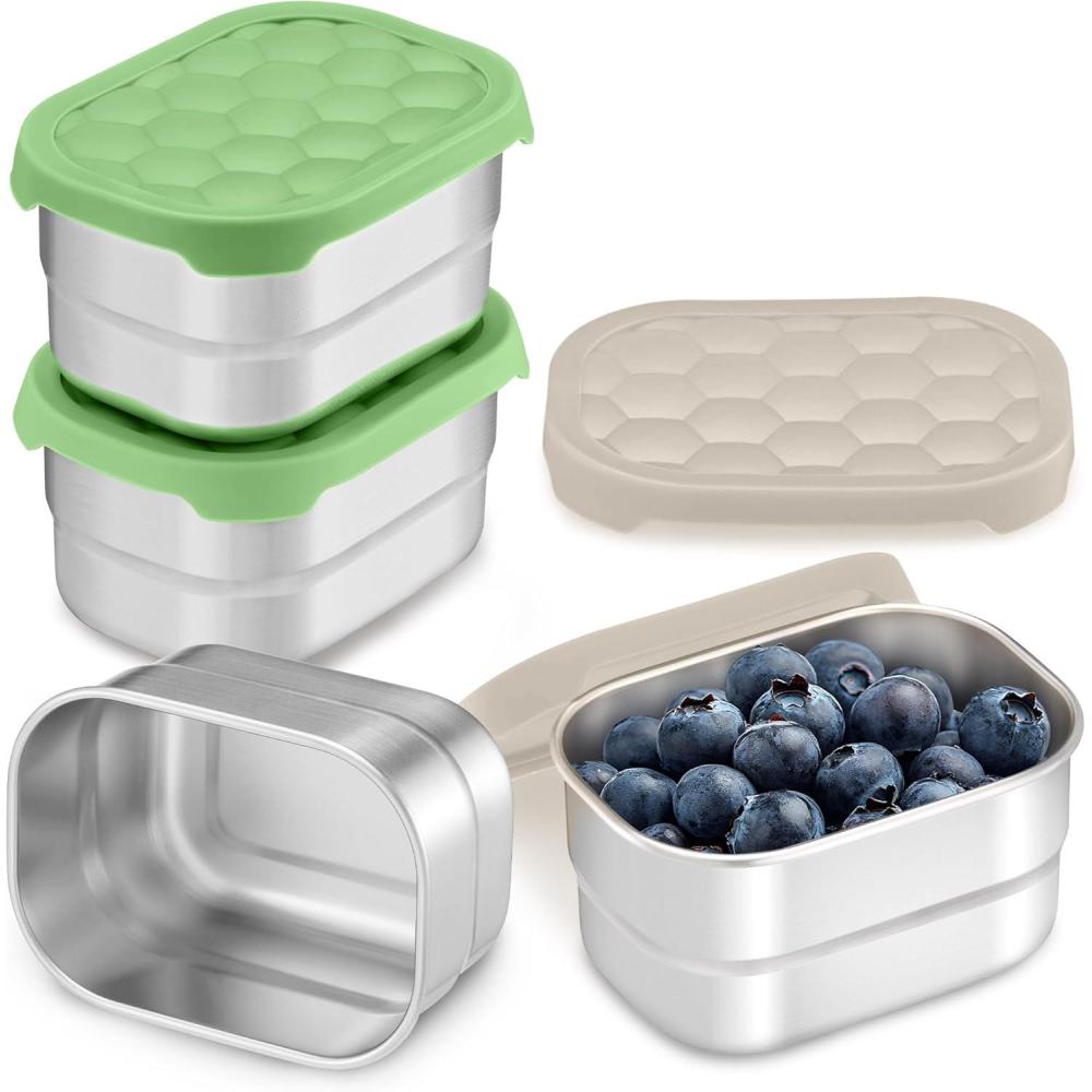 imageEfar 4Pack Stainless Steel Snack Containers for Kids  8oz Reusable Toddler Lunch Box Containers with LeakProof Lids for SchoolDaycareTravel  Stackable Design amp Easy Open Oven amp Dishwasher SafeGreen  Khaki